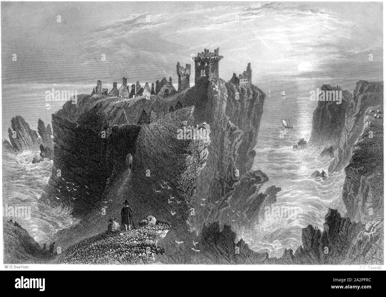 An engraving of Dunottar (Dunnottar) Castle near Stonehaven scanned at high resolution from a book printed in 1842.  Believed copyright free. Stock Photo