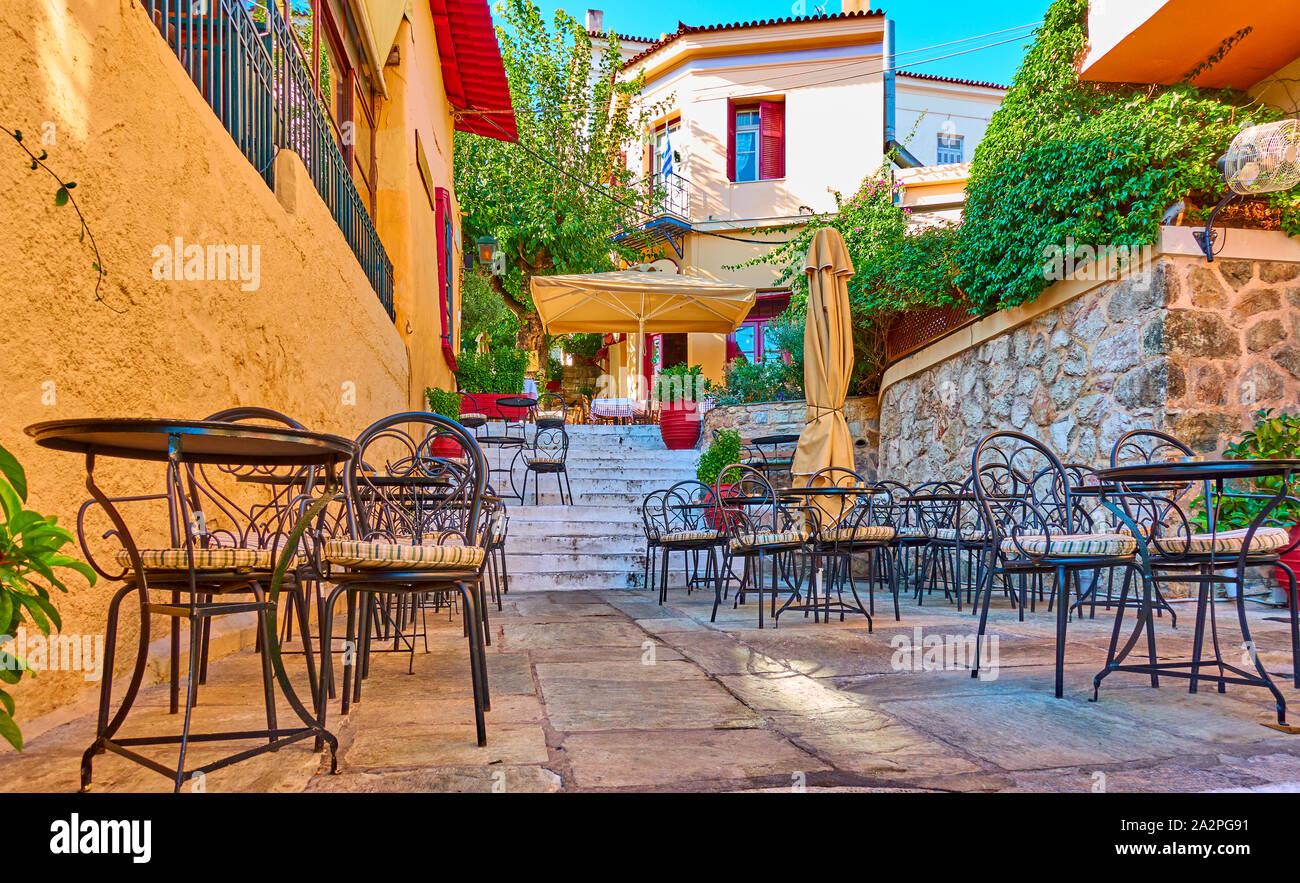 Charming street cafe in Plaka district in Athens, Greece Stock Photo