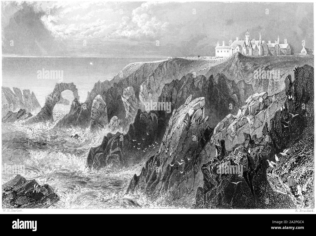 An engraving of Slaines Castle near Peterhead scanned at high resolution from a book printed in 1842. Believed copyright free. Stock Photo