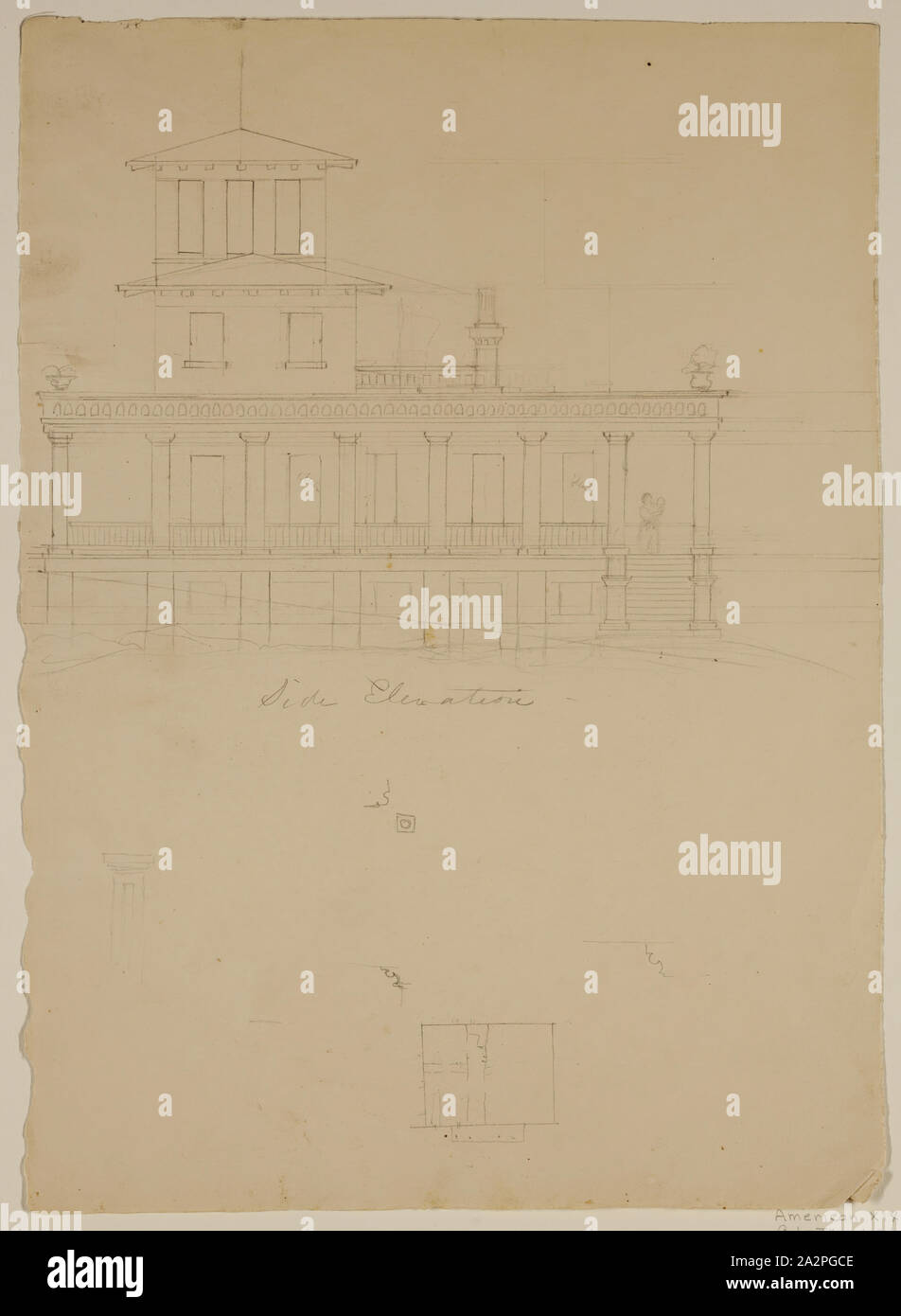 Thomas Cole, American, 1801-1848, Side Elevation of Proposed Villa at Catskill, 19th century, graphite pencil on beige wove paper, Sheet: 15 × 10 5/8 inches (38.1 × 27 cm Stock Photo