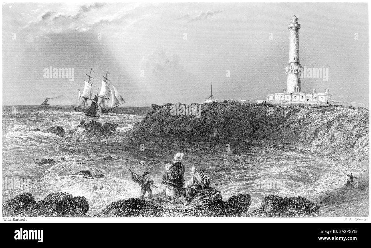 An engraving of The Light House, Aberdeen scanned at high resolution from a book printed in 1842.  Believed copyright free. Stock Photo
