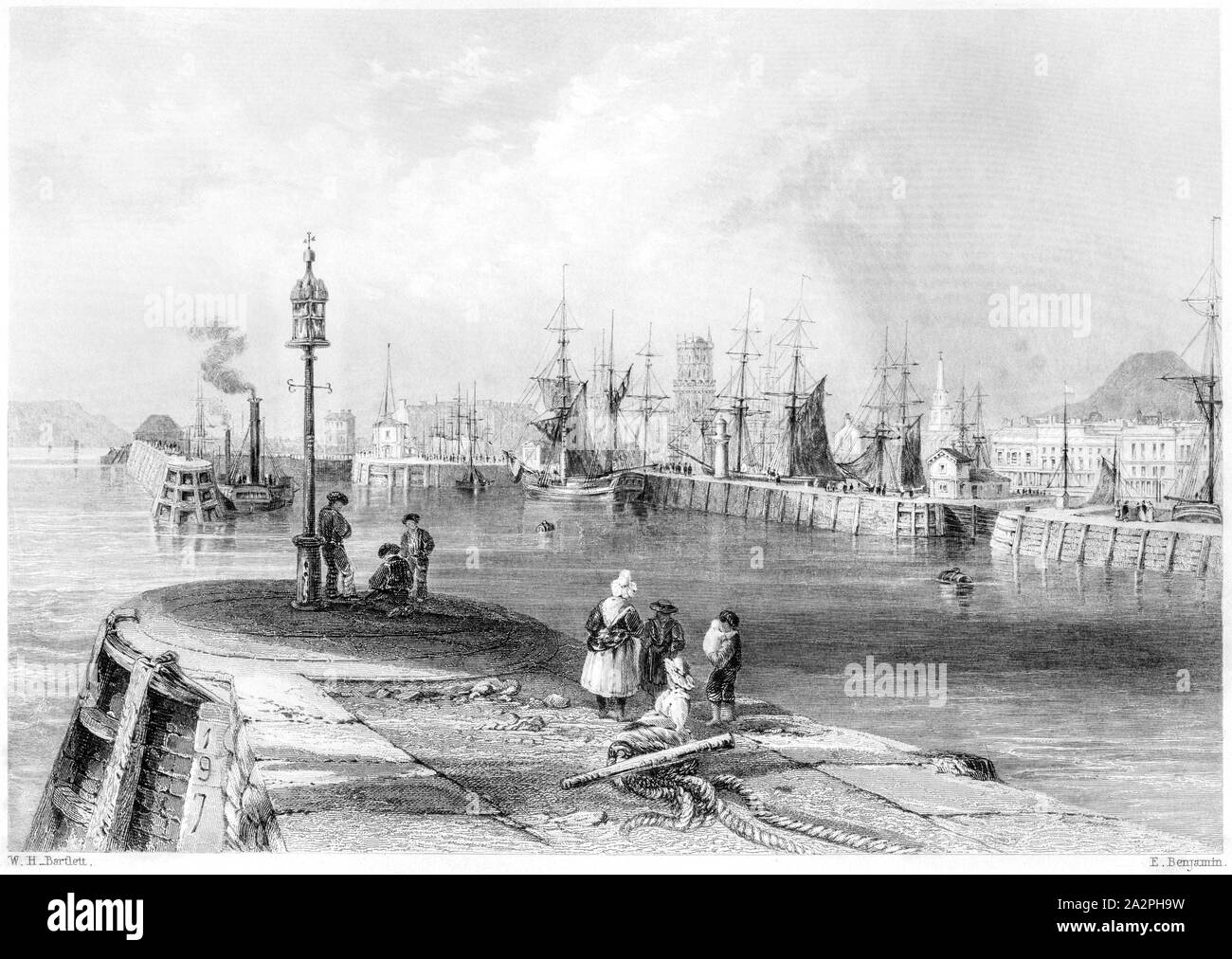 An engraving of the Entrance to the Port of Dundee scanned at high resolution from a book printed in 1842.  Believed copyright free. Stock Photo
