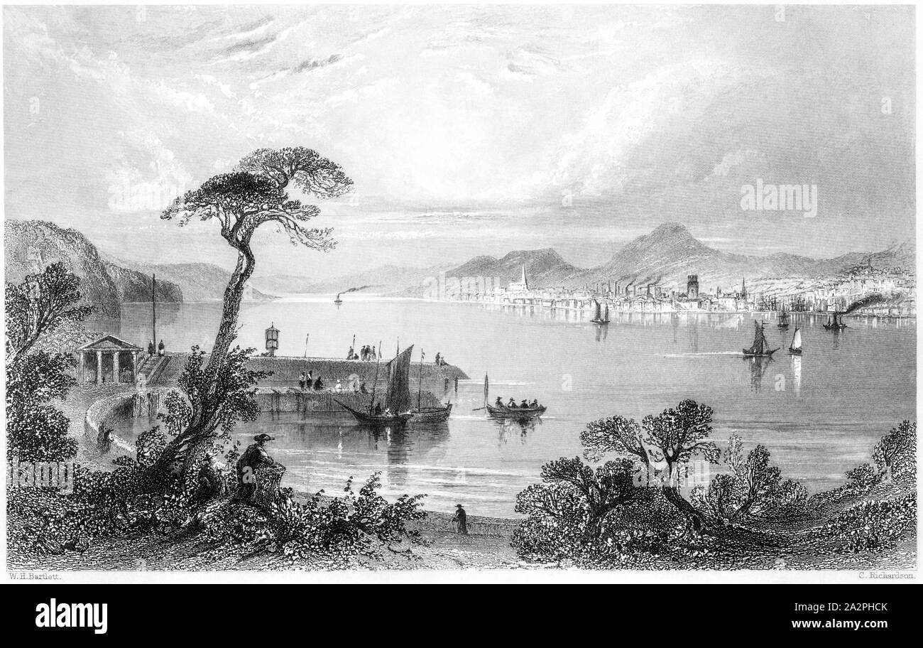 An engraving of Dundee from the Opposite Side of the Tay scanned at high resolution from a book printed in 1842.  Believed copyright free. Stock Photo