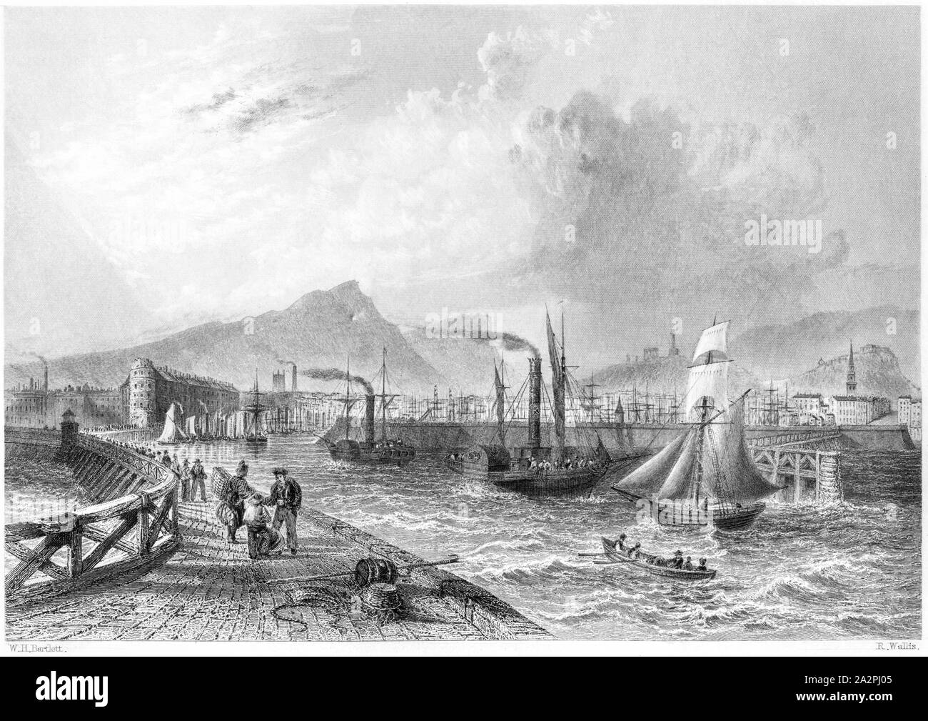 An engraving of Leith Pier and Harbour scanned at high resolution from a book printed in 1842.  Believed copyright free. Stock Photo