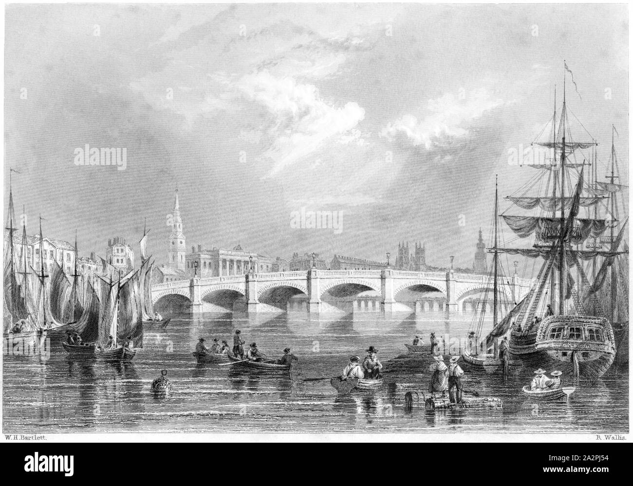 An engraving of New Bridge and Bromielaw, Glasgow scanned at high resolution from a book printed in 1842.  Believed copyright free. Stock Photo