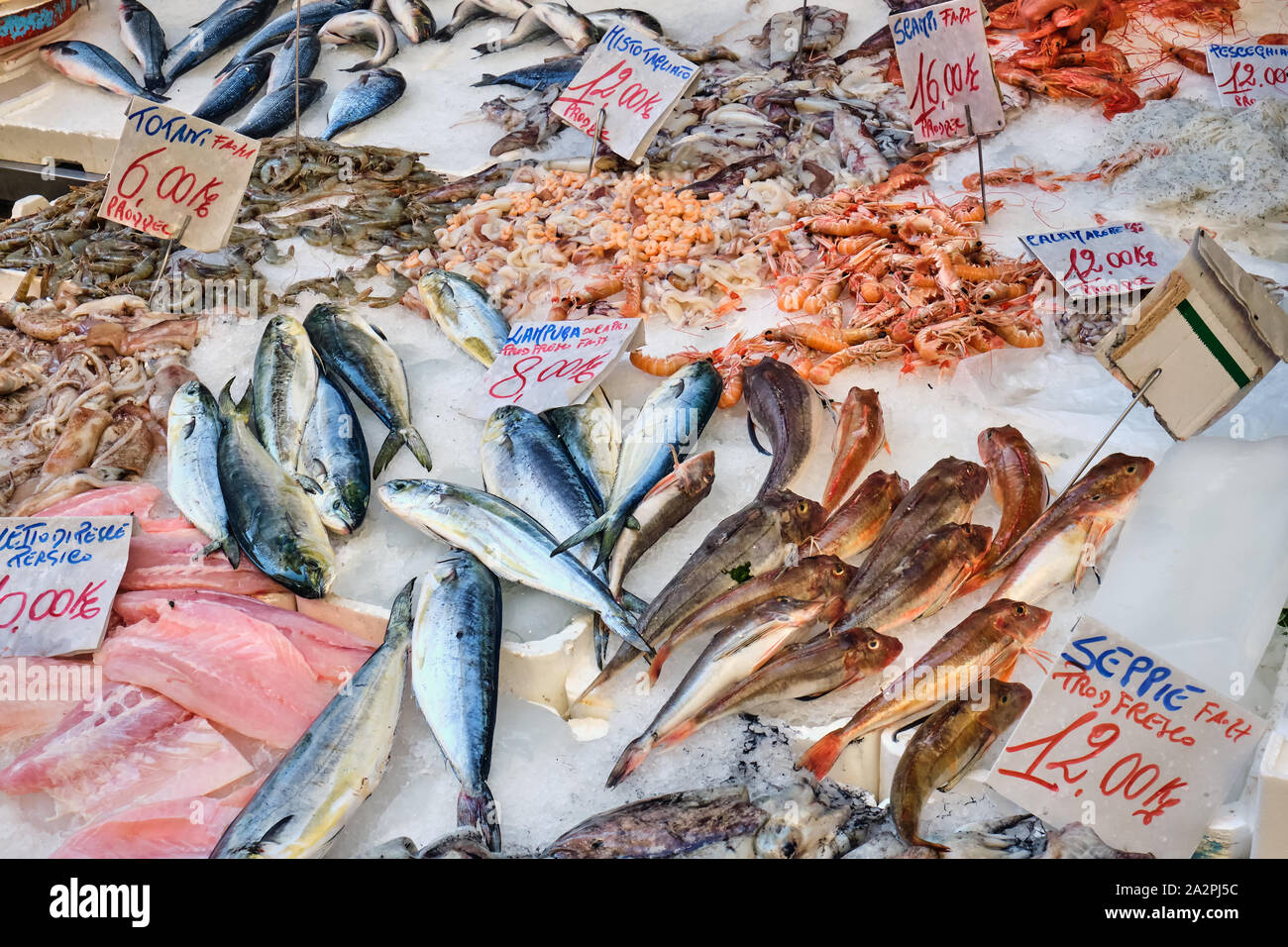 Fresh fish and seafood for sale at the Porta Nolana market in Naples