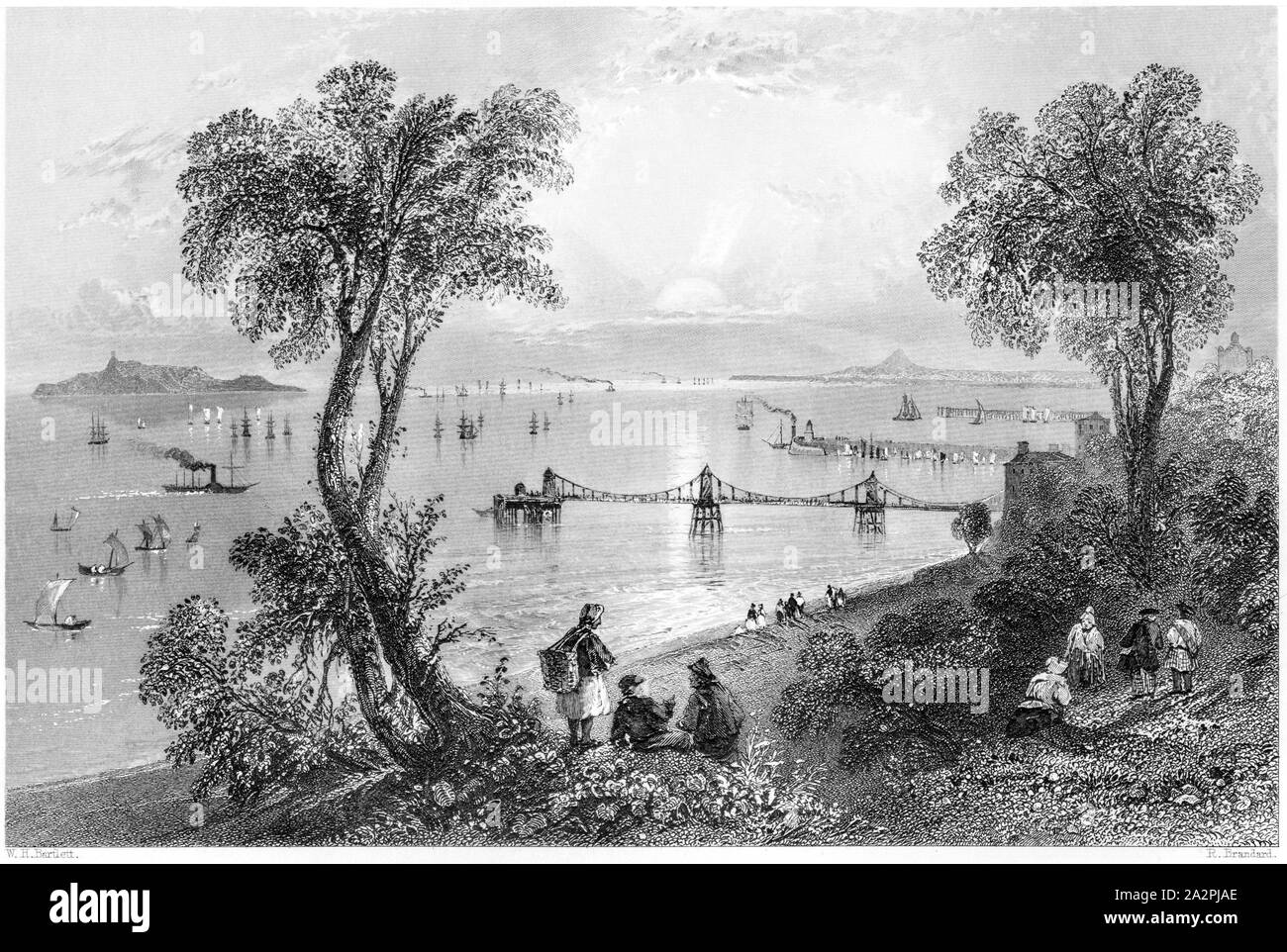 An engraving of Newhaven Pier, Firth of Forth scanned at high resolution from a book printed in 1842.  Believed copyright free. Stock Photo