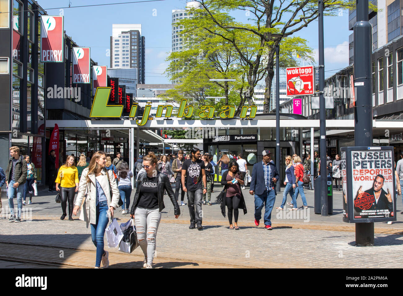 City centre of Rotterdam, Netherlands, shopping street, Lijnbaan, pedestrian zone with many shops, gastronomy, Stock Photo