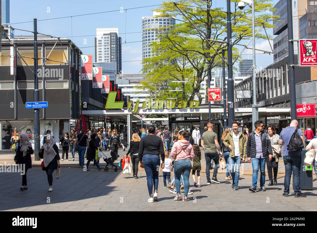 City centre of Rotterdam, Netherlands, shopping street, Lijnbaan, pedestrian zone with many shops, gastronomy, Stock Photo