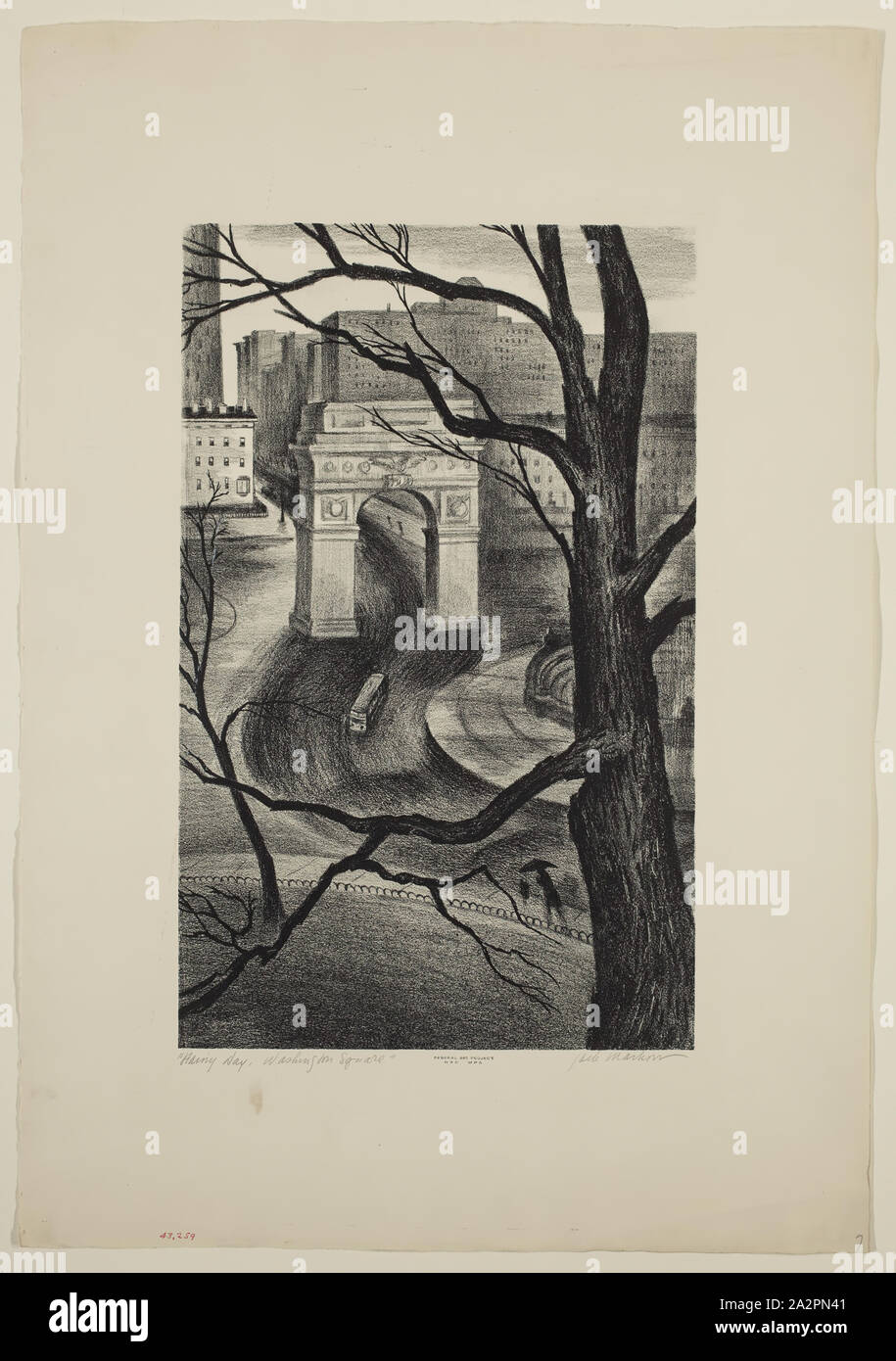 Jack Markow, American, 1905-1983, Rainy Day, Washington Square, ca. 1938, lithograph printed in black ink on wove paper, Image: 15 3/8 × 9 5/8 inches (39.1 × 24.4 cm Stock Photo