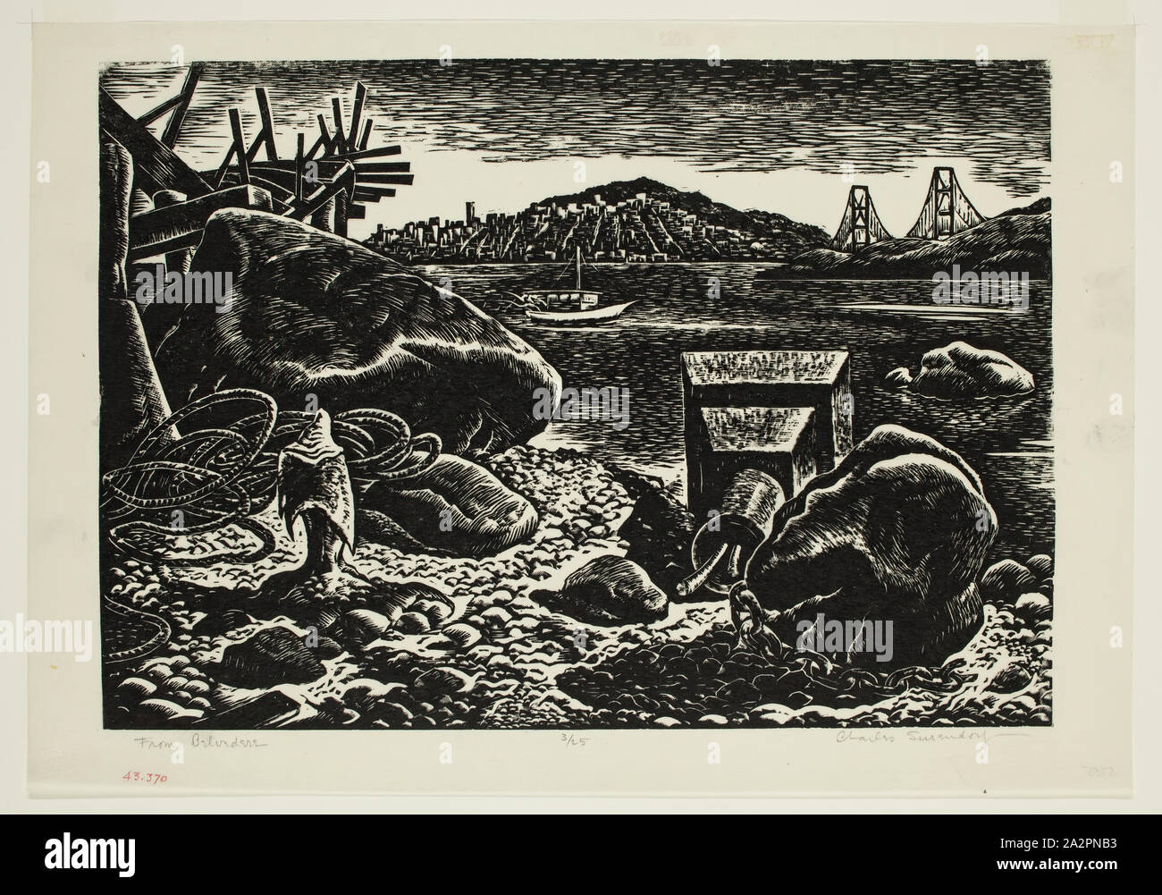 Charles Surendorf, American, 1906-1979, From Belvedere, ca. between 1937 and 1939, wood engraving printed in black ink on japan paper, Image: 9 1/2 × 13 1/2 inches (24.1 × 34.3 cm Stock Photo