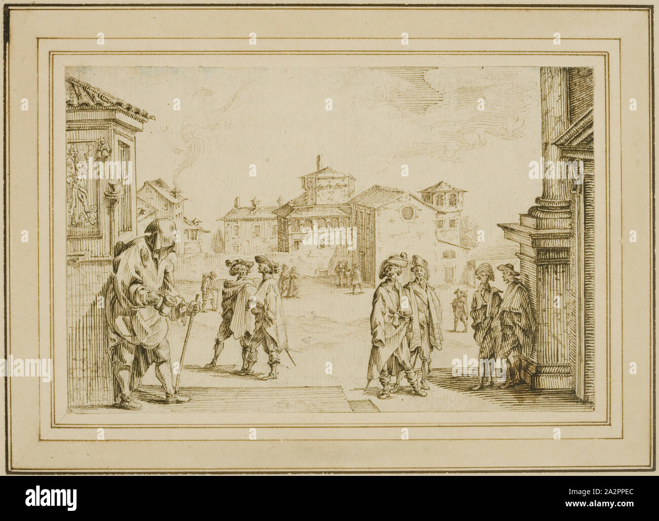 Ercole Bazicaluva, Italian, 1610-1661, Soldiers and a Blind Beggar on a Stage Set, between 1610 and 1661, pen and brown ink on cream laid paper, Sheet: 5 1/8 × 8 inches (13 × 20.3 cm Stock Photo