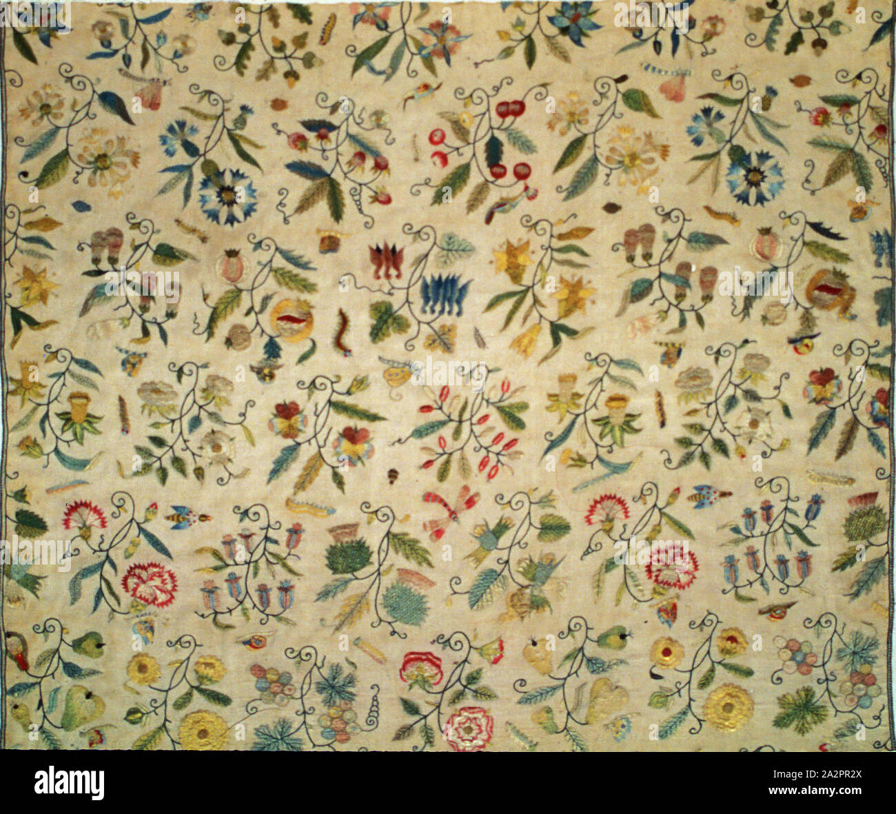 Unknown (English), Curtain Panel, early 17th Century, Linen, plain weave, silk, embroidered, 29 1/2 x 33 1/2 in. (74.93 x 85.09 cm Stock Photo