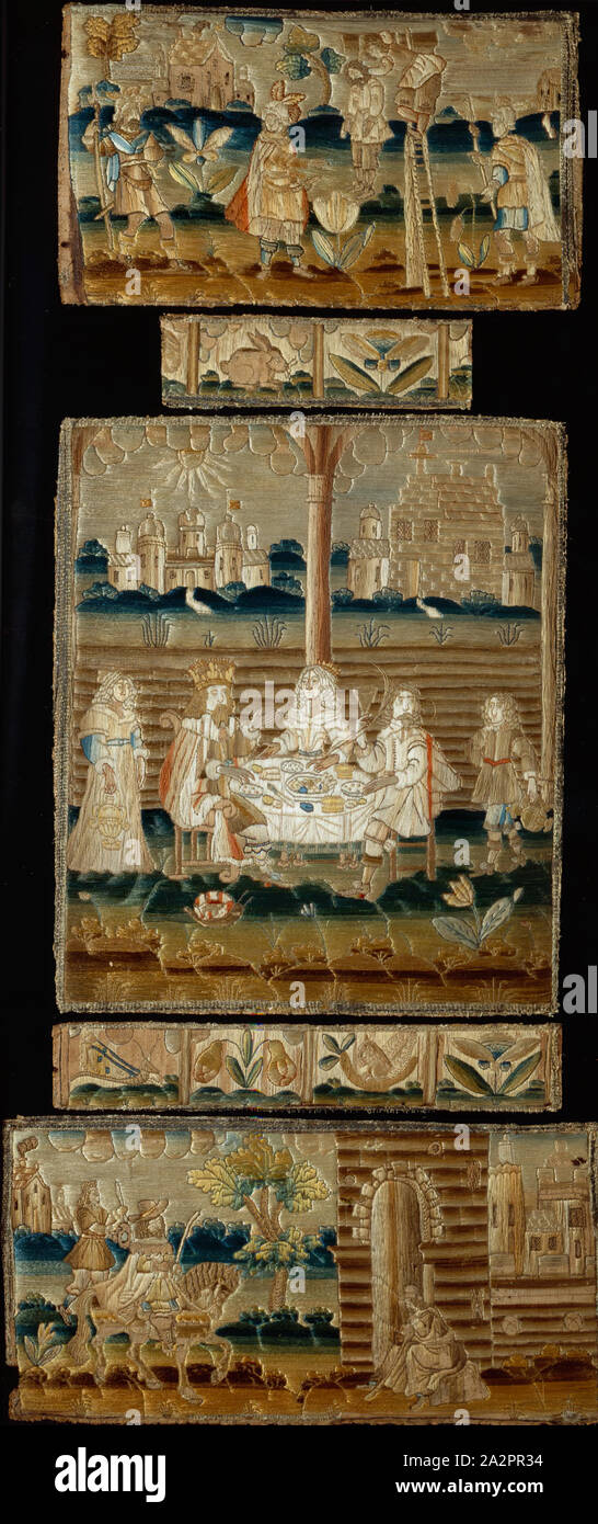 Unknown (English), Story of Esther, 17th Century, Silk, satin and couched stitches, height 26 3/4 x width 12 in Stock Photo