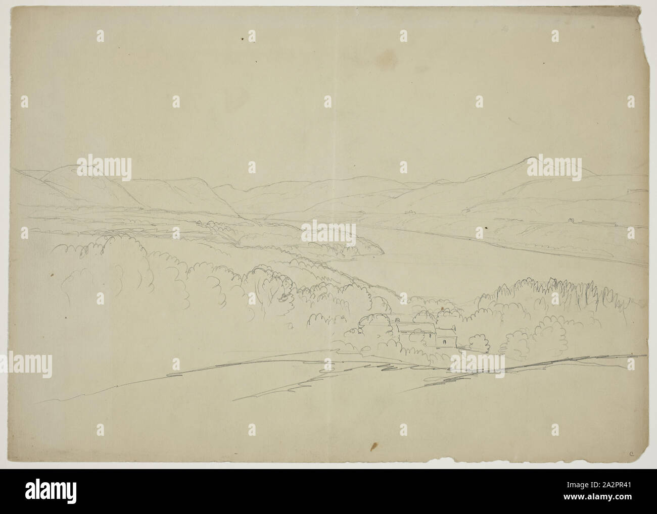 John W. Casilear, American, 1811-1893, Overlooking the Catskill Mountains and Hudson River, 19th century, graphite on paper, Sheet (irreg.): 9 7/8 × 13 7/8 inches (25.1 × 35.2 cm Stock Photo