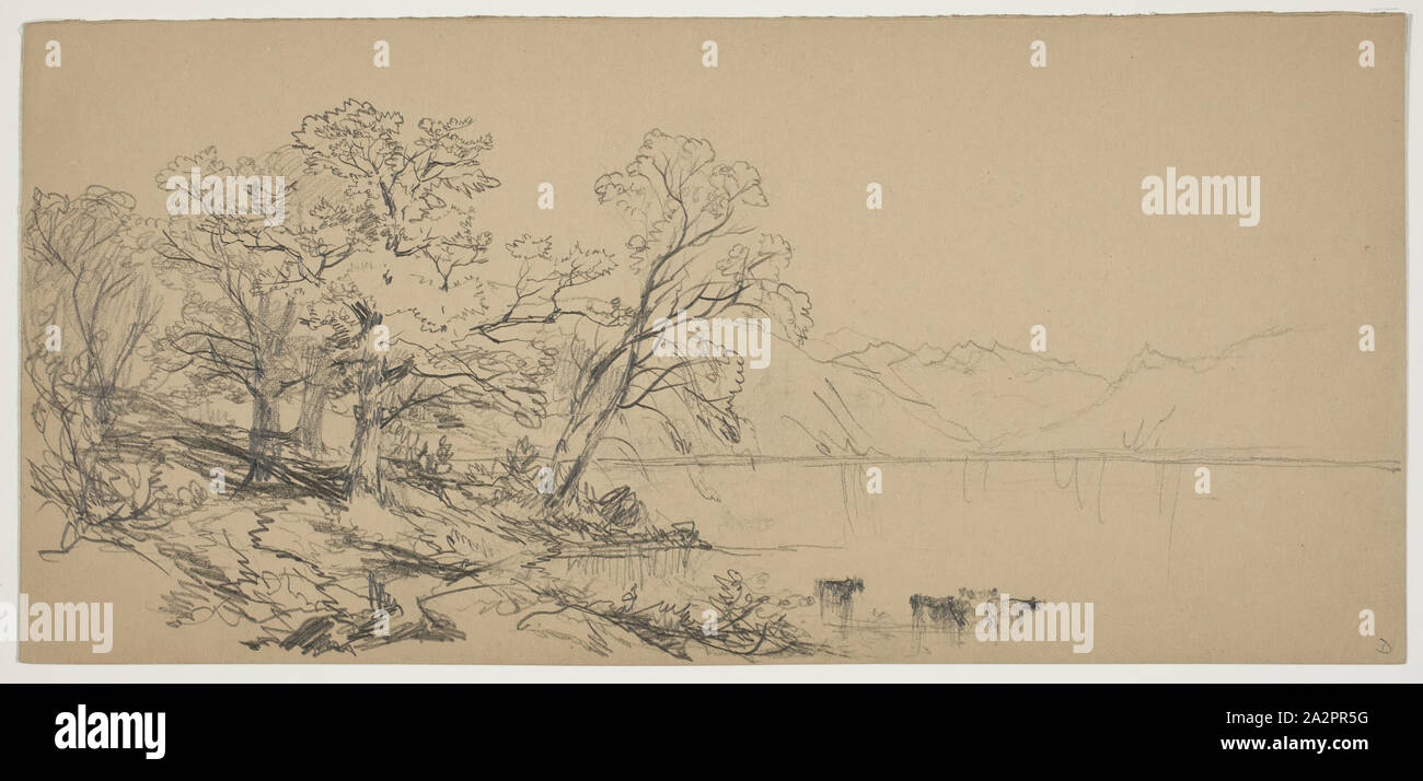 John W. Casilear, American, 1811-1893, Cattle at the River's Edge, between 1776 and 1778, graphite on paper, Sheet: 5 3/8 × 11 1/2 inches (13.7 × 29.2 cm Stock Photo