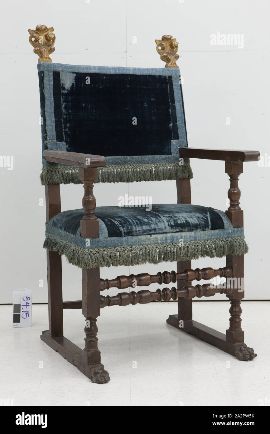 Unknown (Italian), Arm Chair, 17th century, Walnut, gilded gesso and blue velvet, Overall: 49 5/8 × 27 1/4 × 26 7/8 inches (126 × 69.2 × 68.3 cm Stock Photo