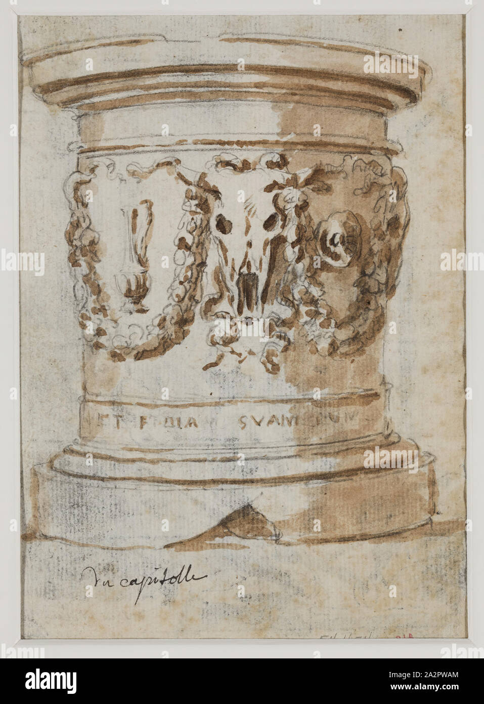 Augustin Pajou, French, 1730-1809, Marble Altar with Skulls of Bulls, ca. between 1752 and 1756, pen and brown wash over black chalk on cream antique laid paper, Sheet: 7 1/16 × 4 13/16 inches (17.9 × 12.2 cm Stock Photo
