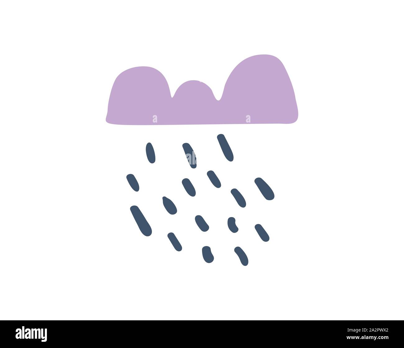 Cute vector poster or card with lilac cloud and rain drops. Modern style kids poster in Scandinavian style. Good for children, baby nursery design and Stock Vector