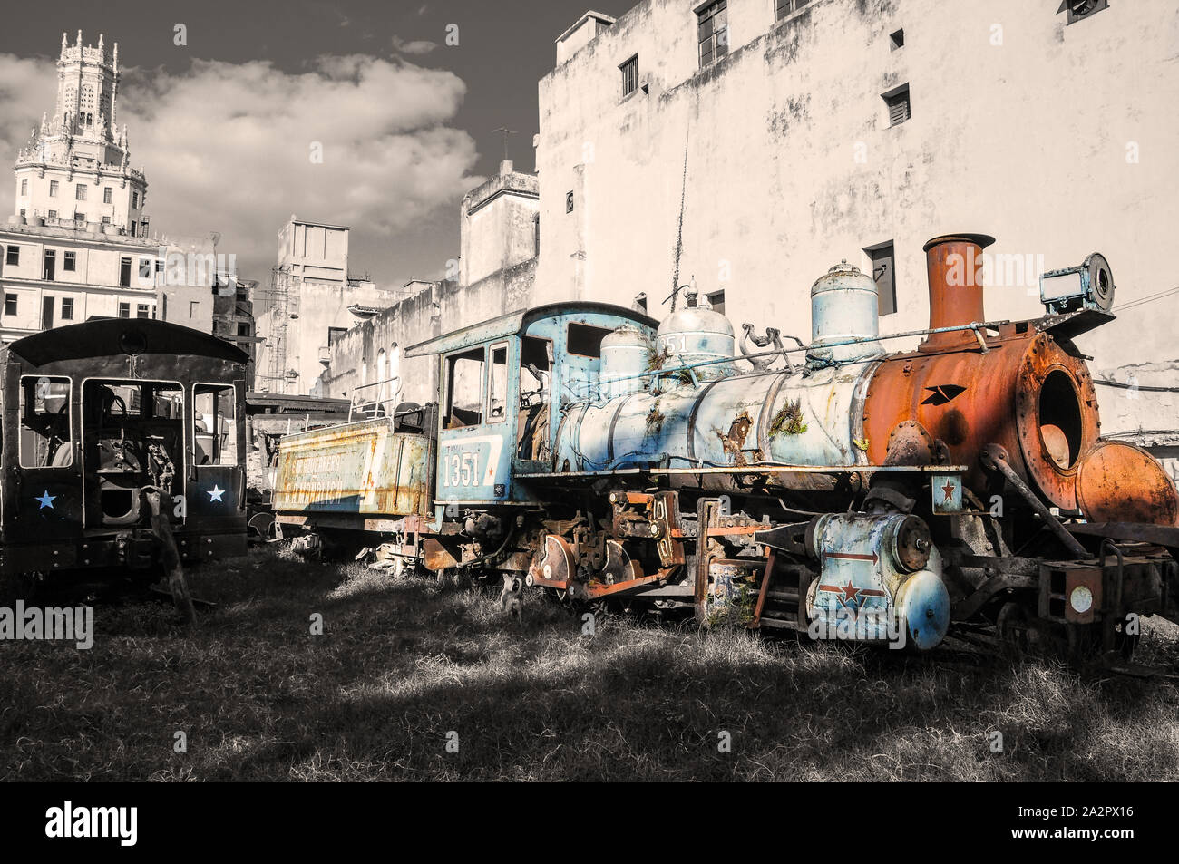 Train Graveyard, Havana in sepia, Cuba Stock Photo
