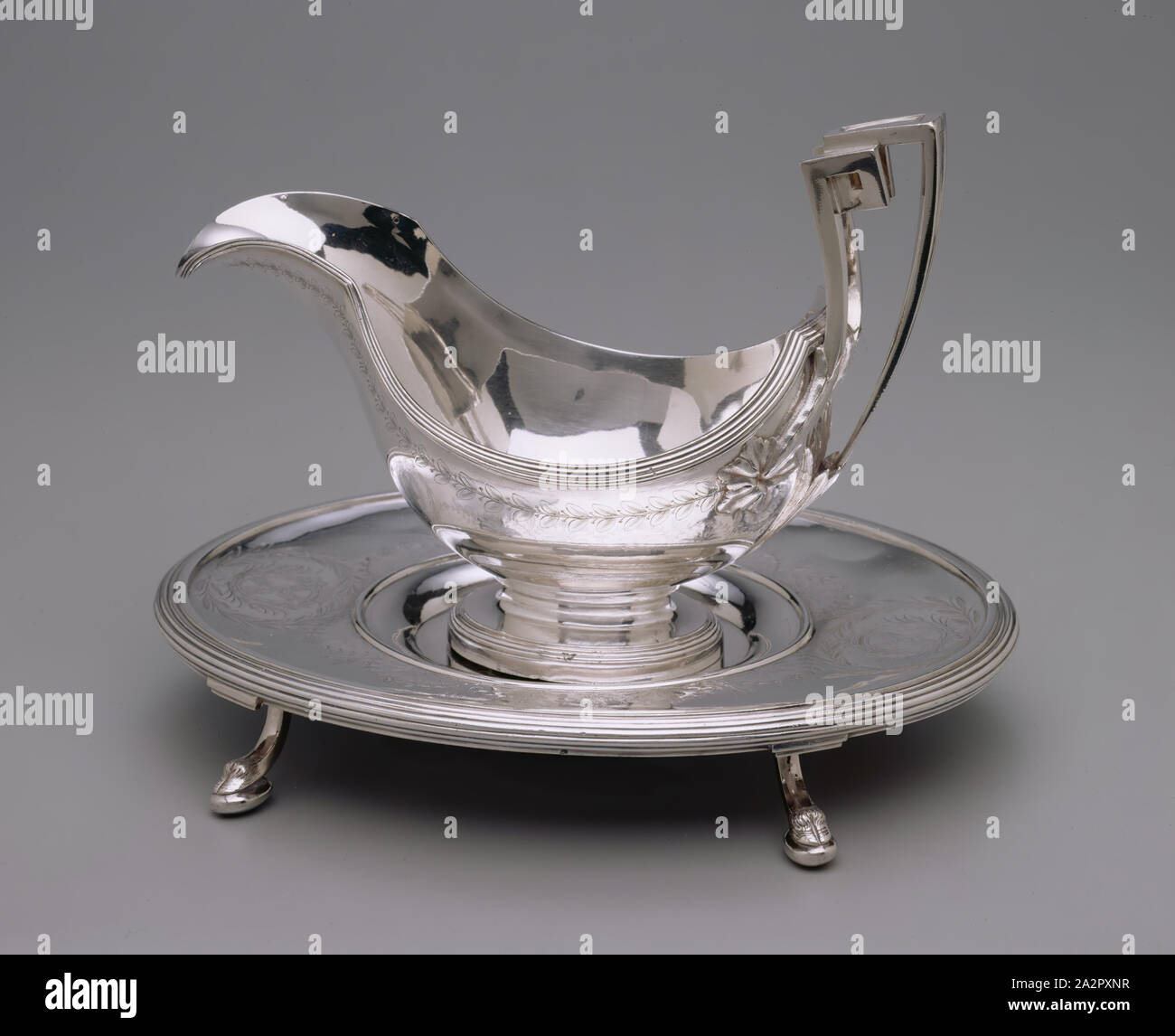 Henri Auguste, French, 1759-1816, Sauce Boat with Stand, between 1786 and 1787, silver, Overall: 8 × 10 7/8 × 8 7/8 inches (20.3 × 27.6 × 22.5 cm Stock Photo