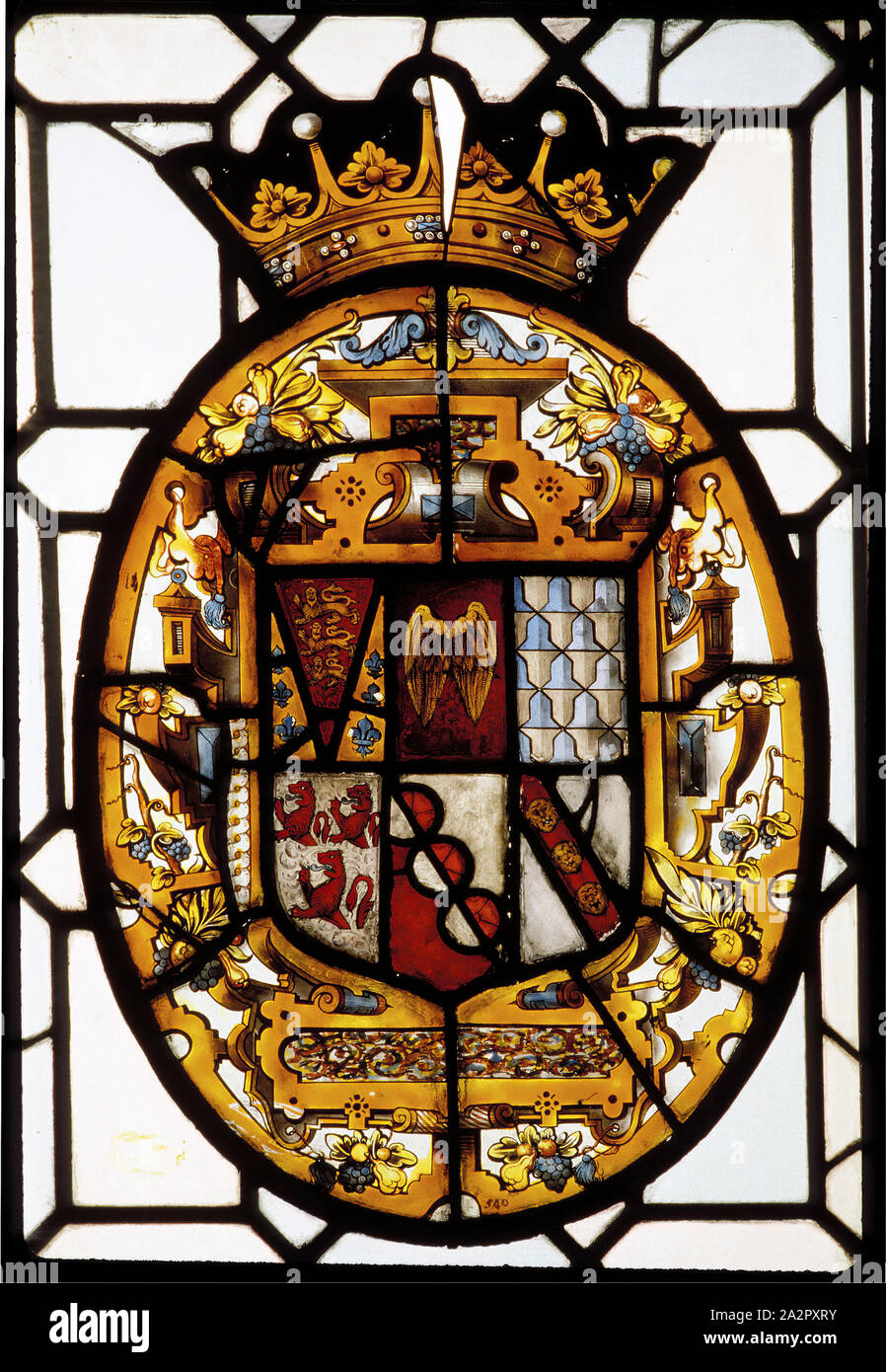 Unknown (English), Coat of Arms of Sir Edward Seymour, Earl of Hertford, Duke of Somerset, late 16th Century, Stained glass: Flashed glass; white glass with silver stain and enamel, 26 3/8 x 16 5/8 in. (67.0 x 42.2 cm Stock Photo