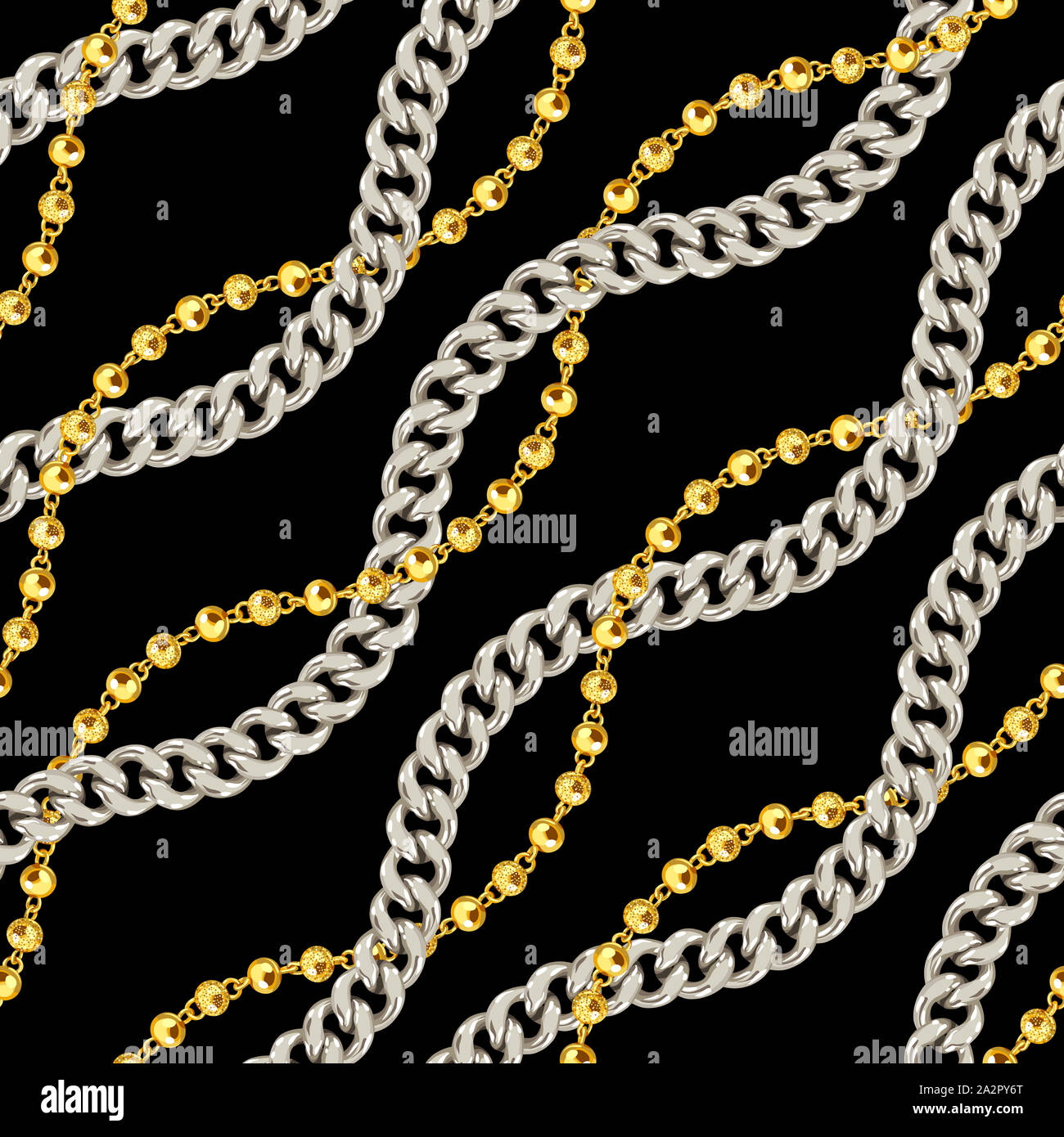 Seamless gold and silver chains pattern. Repeat design. Curved waves, chains, DNA. Design for decor, fabric, prints, textile. on black background read Stock Photo