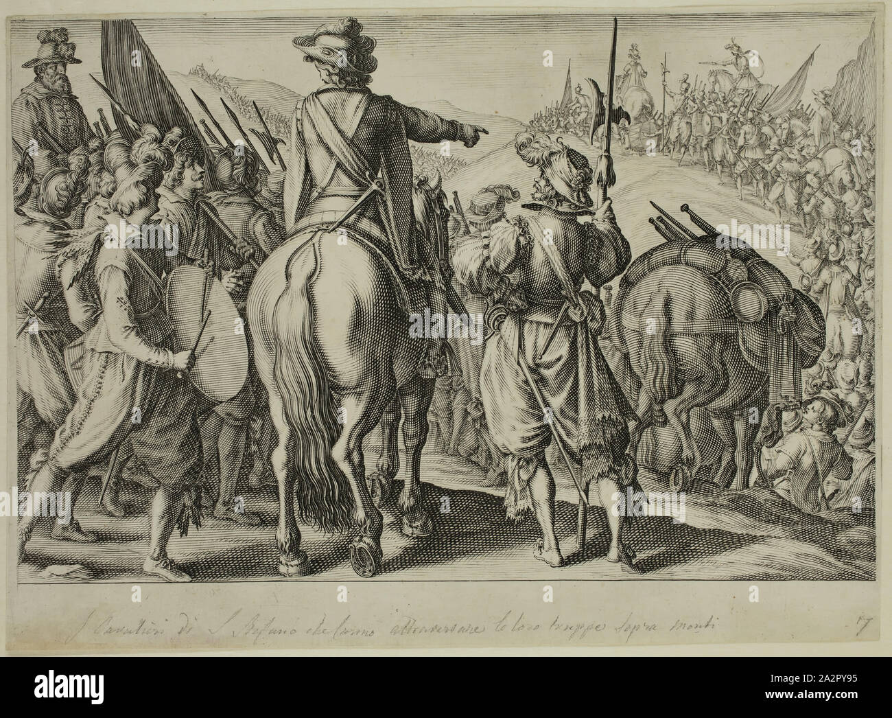 Jacques Callot, French, 1592-1635, after Matteo Rosselli, Italian, 1578-1650, Les troupes en marche, between 1615 and 1619, engraving printed in black ink on laid paper, Sheet (trimmed within plate mark): 8 1/2 × 11 3/4 inches (21.6 × 29.8 cm Stock Photo