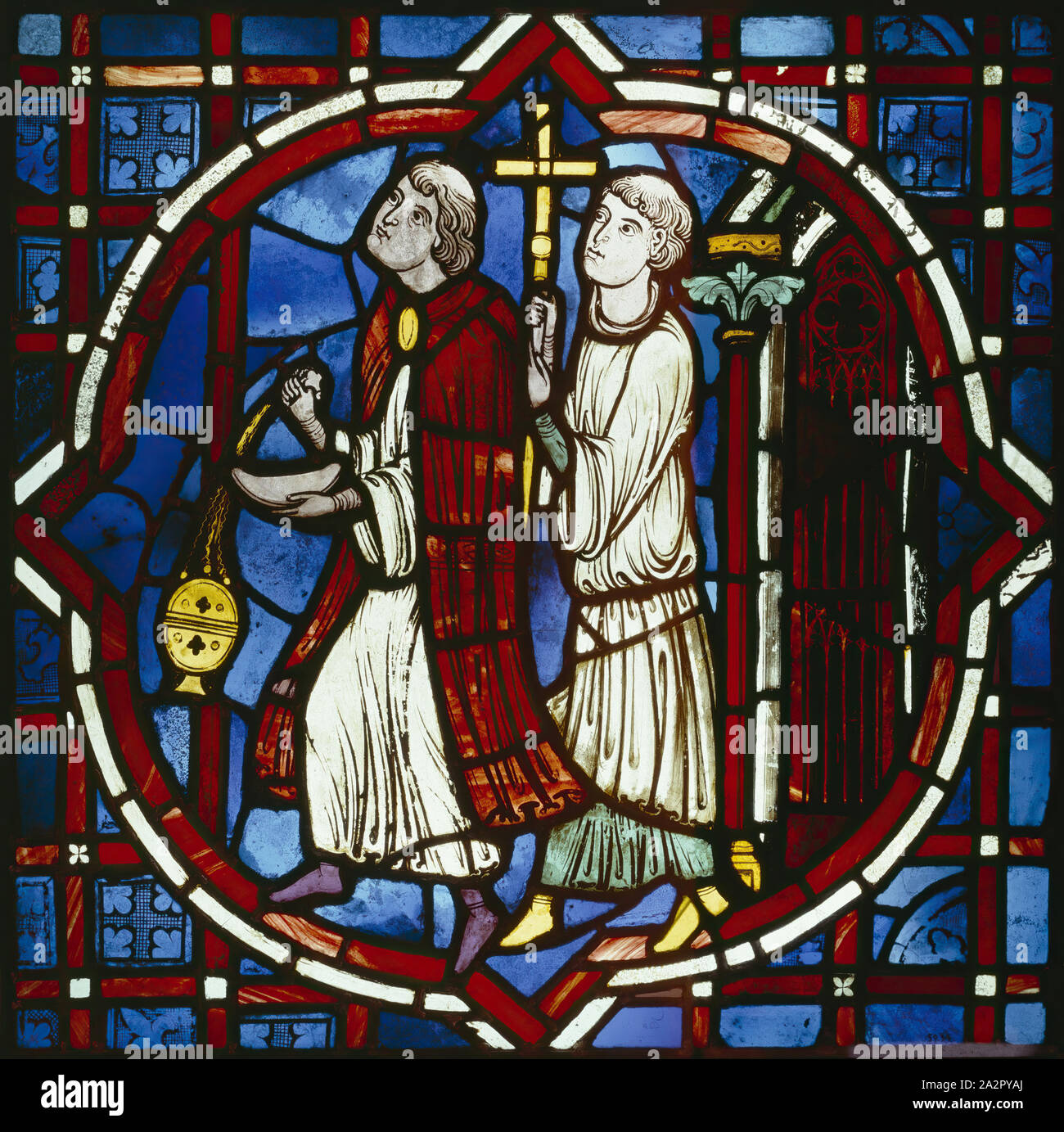 Unknown (French), Two Clerics, between 1205 and 1212, stained glass: pot metal, glass, Overall: 28 3/4 × 29 1/8 inches (73 × 74 cm Stock Photo