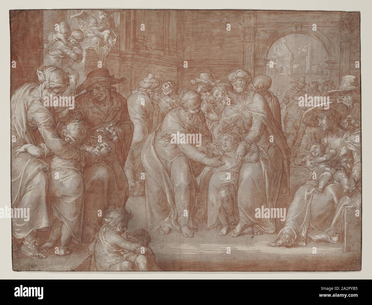 Joachim Wtewael, Netherlandish, 1566-1638, Suffer the Little Children to Come Unto Me, ca. 1621, red chalk over a preliminary drawing in black chalk, heightened with white, on discolored buff laid paper with a gray prepared ground, Sheet: 10 7/8 × 14 1/2 inches (27.6 × 36.8 cm Stock Photo