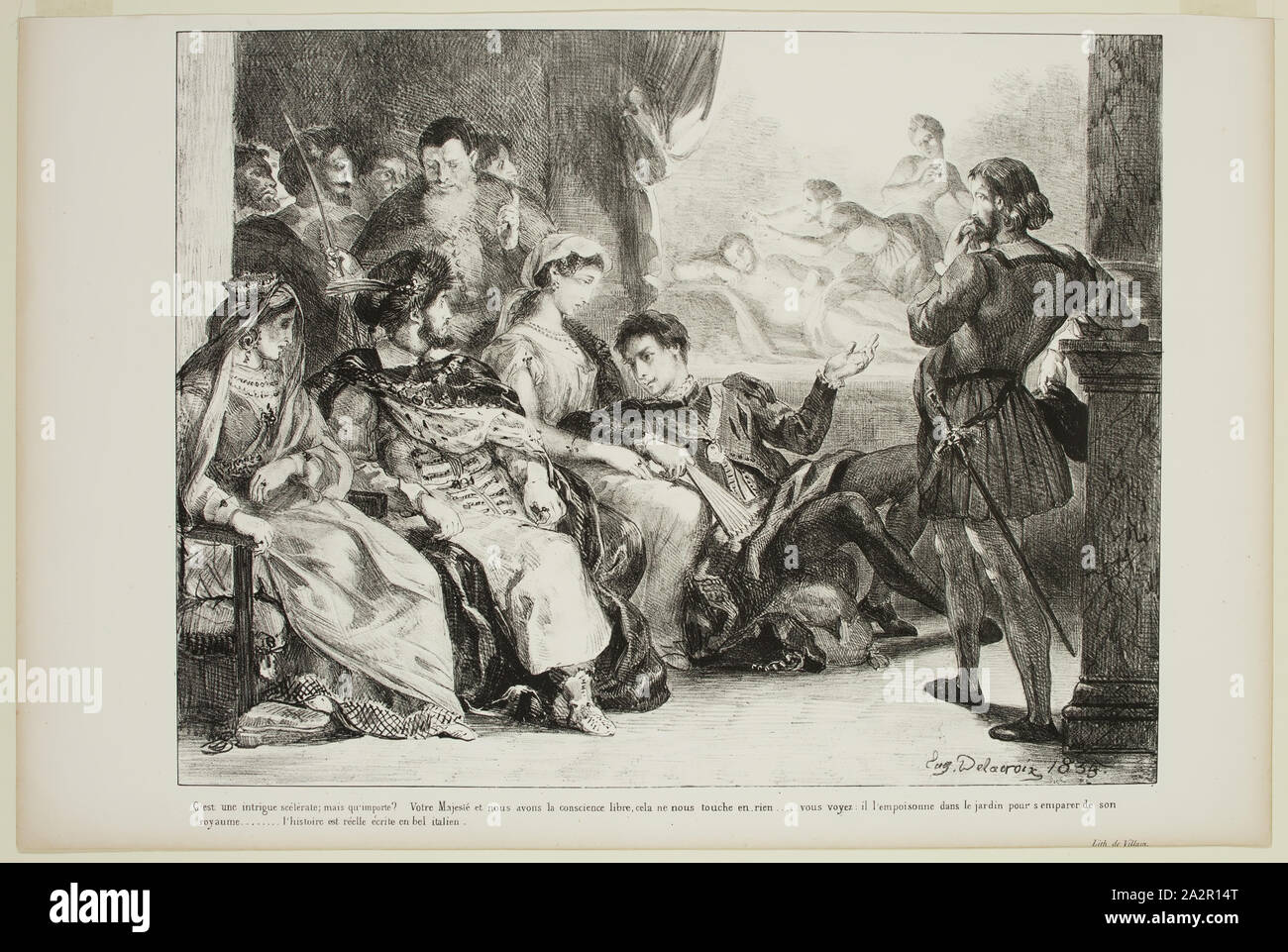 Eugène Delacroix, French, 1798-1863, Hamlet fait jouer aux comediens la scene de l'empoisonnement de son pere, 1835, lithograph printed in black ink on wove paper, Image: 9 3/4 × 12 11/16 inches (24.8 × 32.2 cm Stock Photo