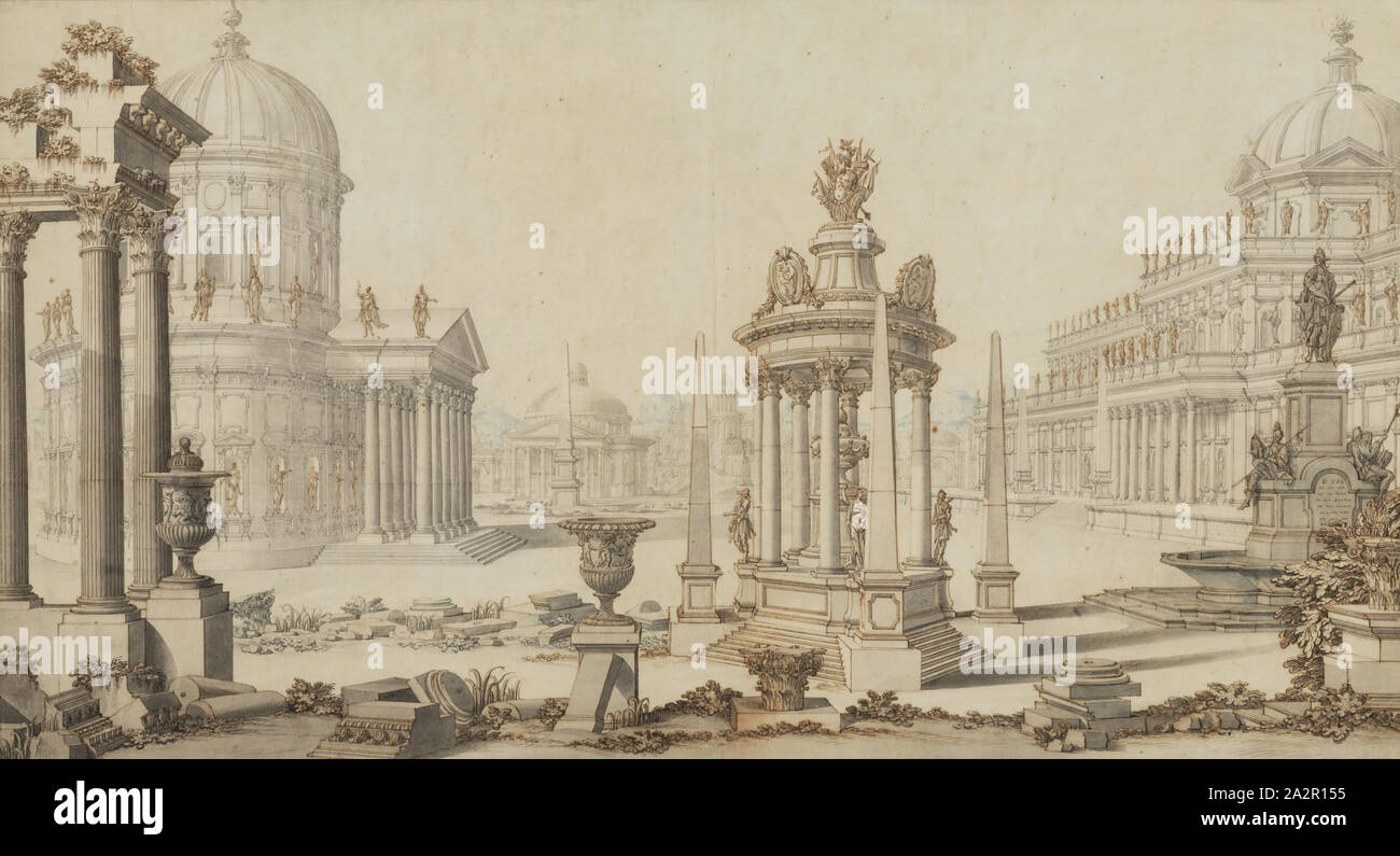 Giuseppe Galli Bibiena, Italian, 1696-1757, A Fantastic View of a City, between 1696 and 1757, pen and brown, black and blue inks, brush and black ink, gray and blue washes on light buff laid paper, Sheet: 19 7/8 × 36 9/16 inches (50.5 × 92.9 cm Stock Photo