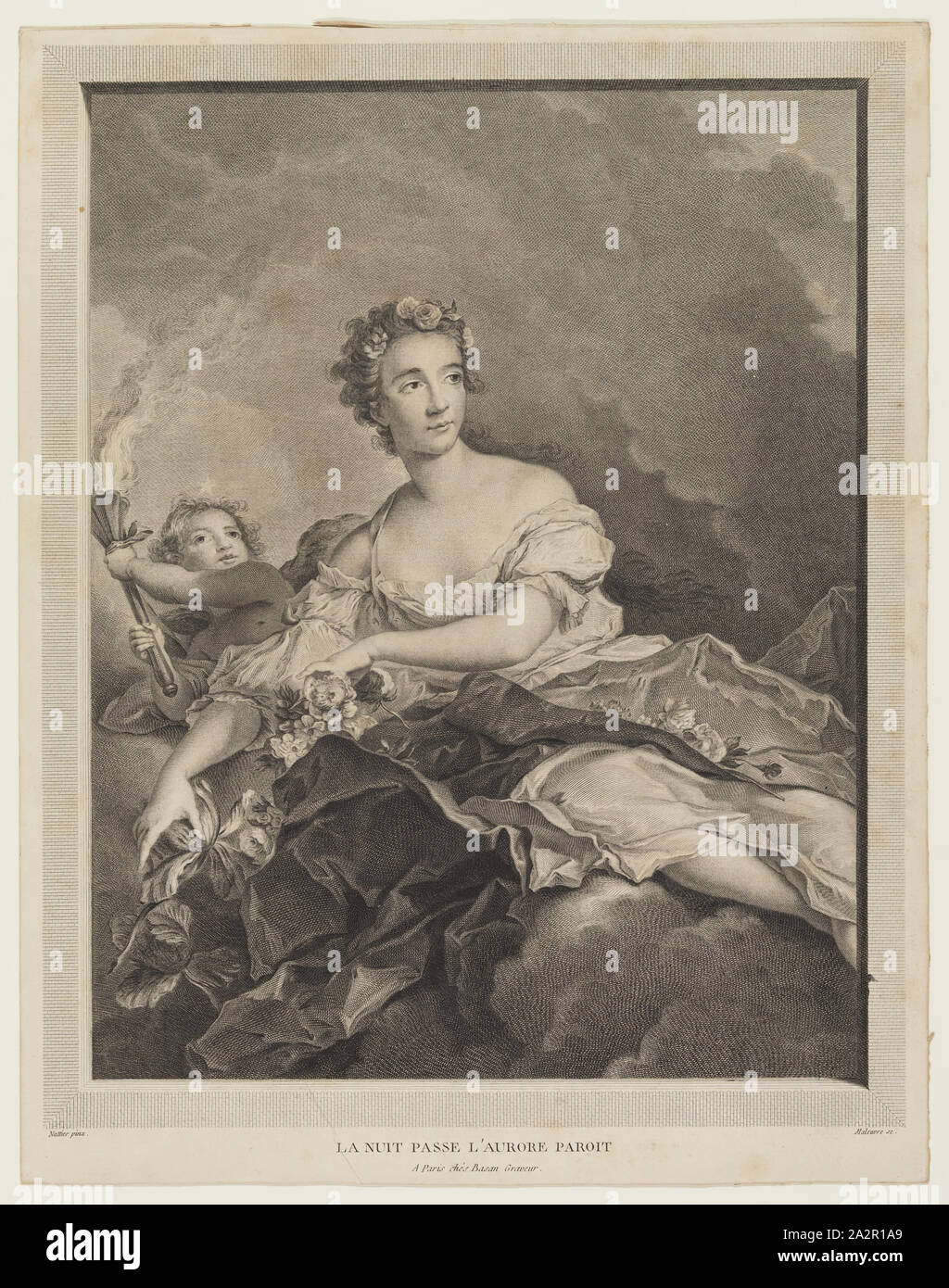 Pierre Maleuvre, French, 1740-1803, after Jean Marc Nattier, French, 1685-1766, La Nuit passe, l'Aurore paroit, 18th Century, Engraving and etching printed in black on laid paper, sheet trimmed within plate mark Stock Photo