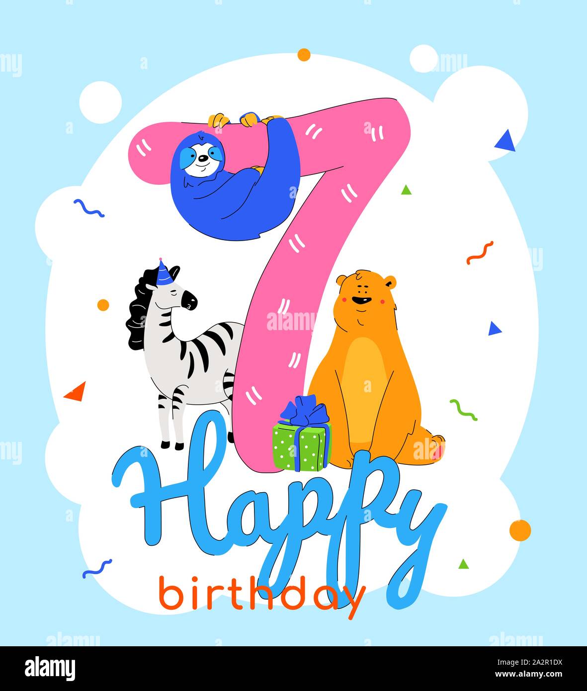 Children 7th birthday greeting card vector template Stock Vector