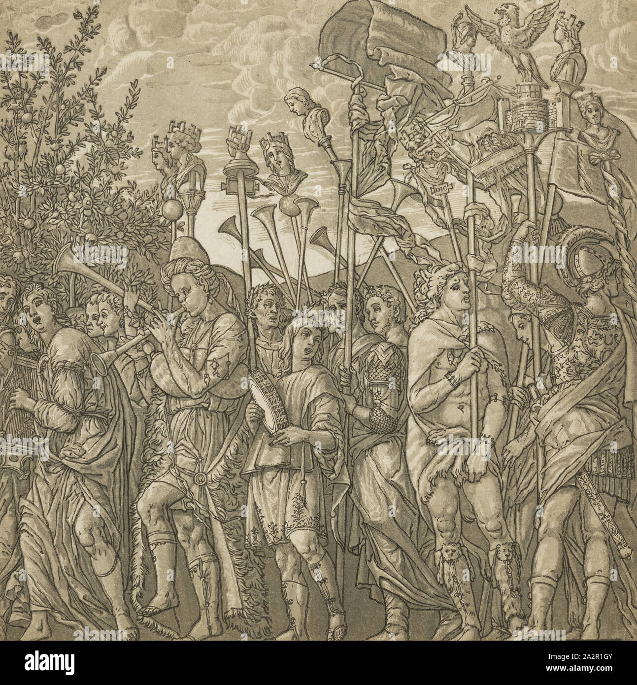 after Andrea Mantegna, Italian, 1431-1506, Musicians and Standard Bearers, between 1598 and 1599, chiaroscuro woodcut printed in black ink and three shades of brown ink on laid paper, Image: 14 1/4 × 14 1/2 inches (36.2 × 36.8 cm Stock Photo