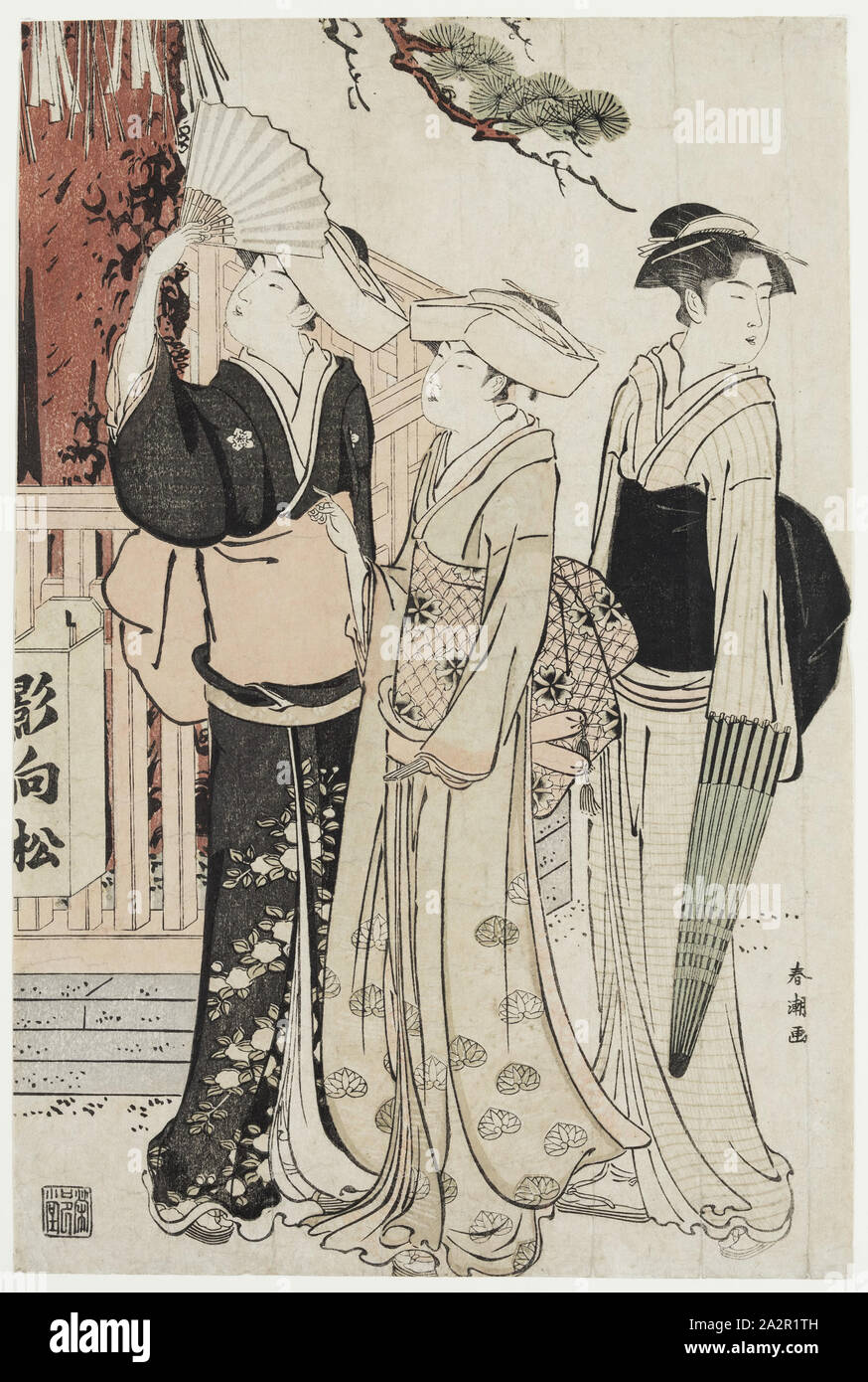 Katsukawa Shuncho, Japanese, active 1780 - 1795, Three Ladies by a Sacred Pine Tree, 1775/1800, Color woodblock print, Sheet: 14 1/4 x 9 5/8 in. (36.2 x 24.4 cm Stock Photo
