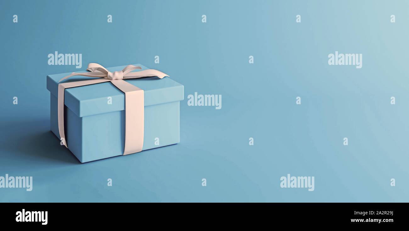 Mock-up poster, baby blue gift box with white bow on light blue background, 3D Render, 3D Illustration Stock Photo