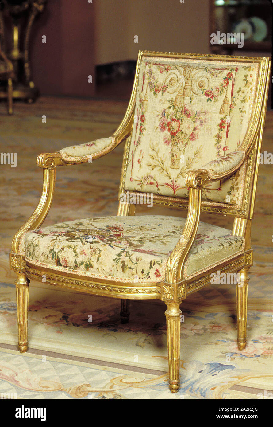 Georges Jacob, French, 1739-1814, Arm Chair, c. 1780/1785, carved and gilded beechwood frame, wool and silk upholstery (Beauvais tapestry), 36 x 25 1/2 x 22 in Stock Photo