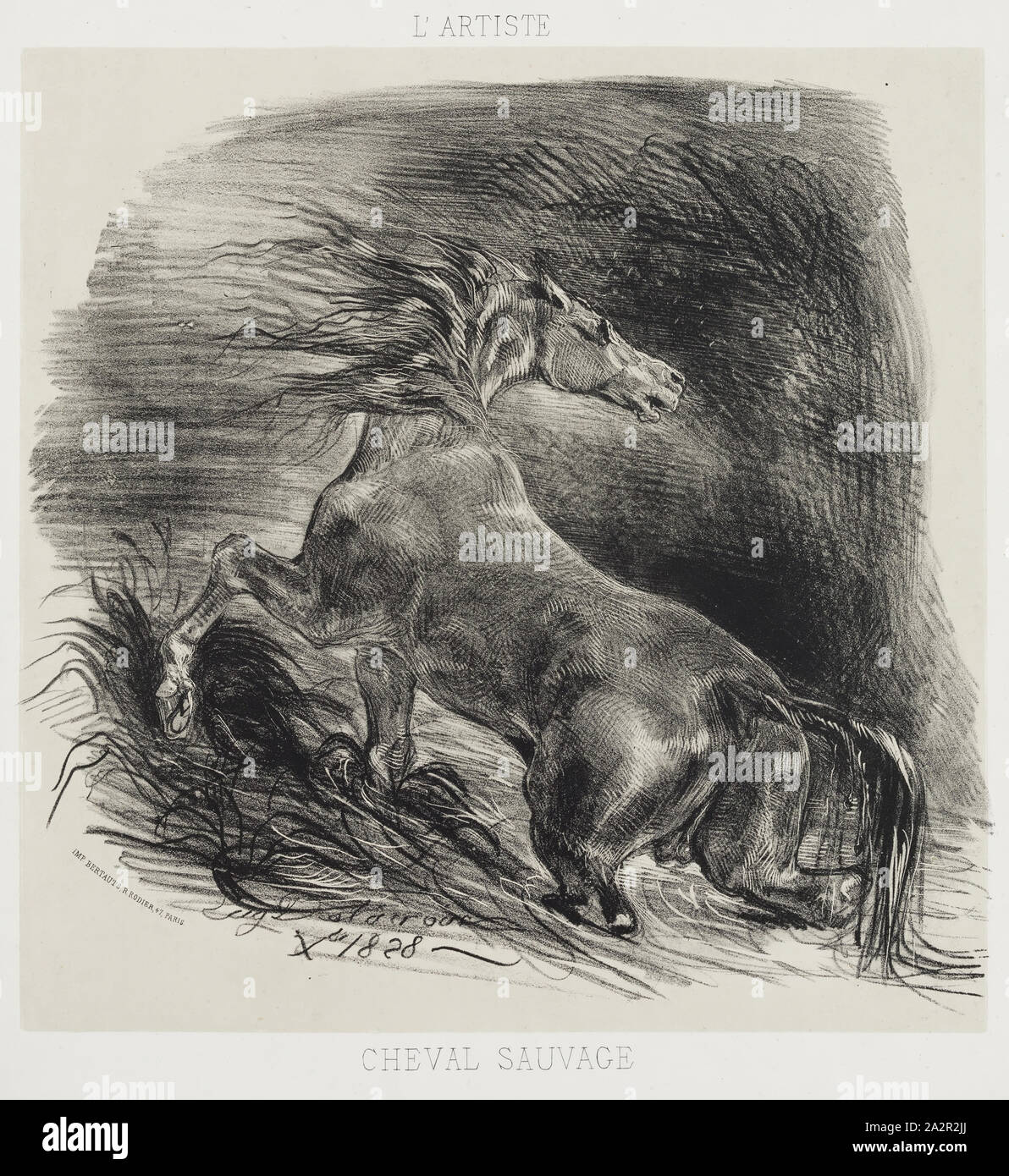 Eugène Delacroix, French, 1798-1863, Cheval sauvage, 1828, lithograph printed in color on wove paper, Image: 9 1/2 × 9 3/8 inches (24.1 × 23.8 cm Stock Photo