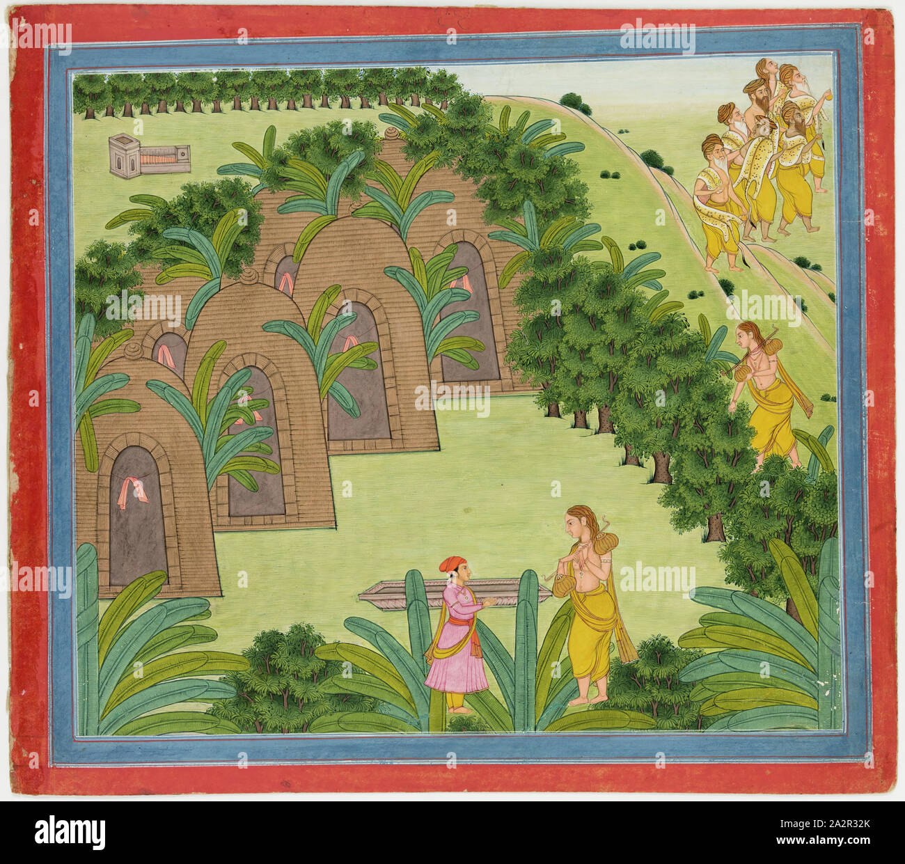 Unknown (Indian), Illustrations to Life of Dhurva Maharaj: #9 God deputes Narada to examine Dhurva Maharaj's truthfulness, ca. 1800, Gouache and gold, Sheet: 10 11/16 × 12 inches (27.1 × 30.5 cm Stock Photo