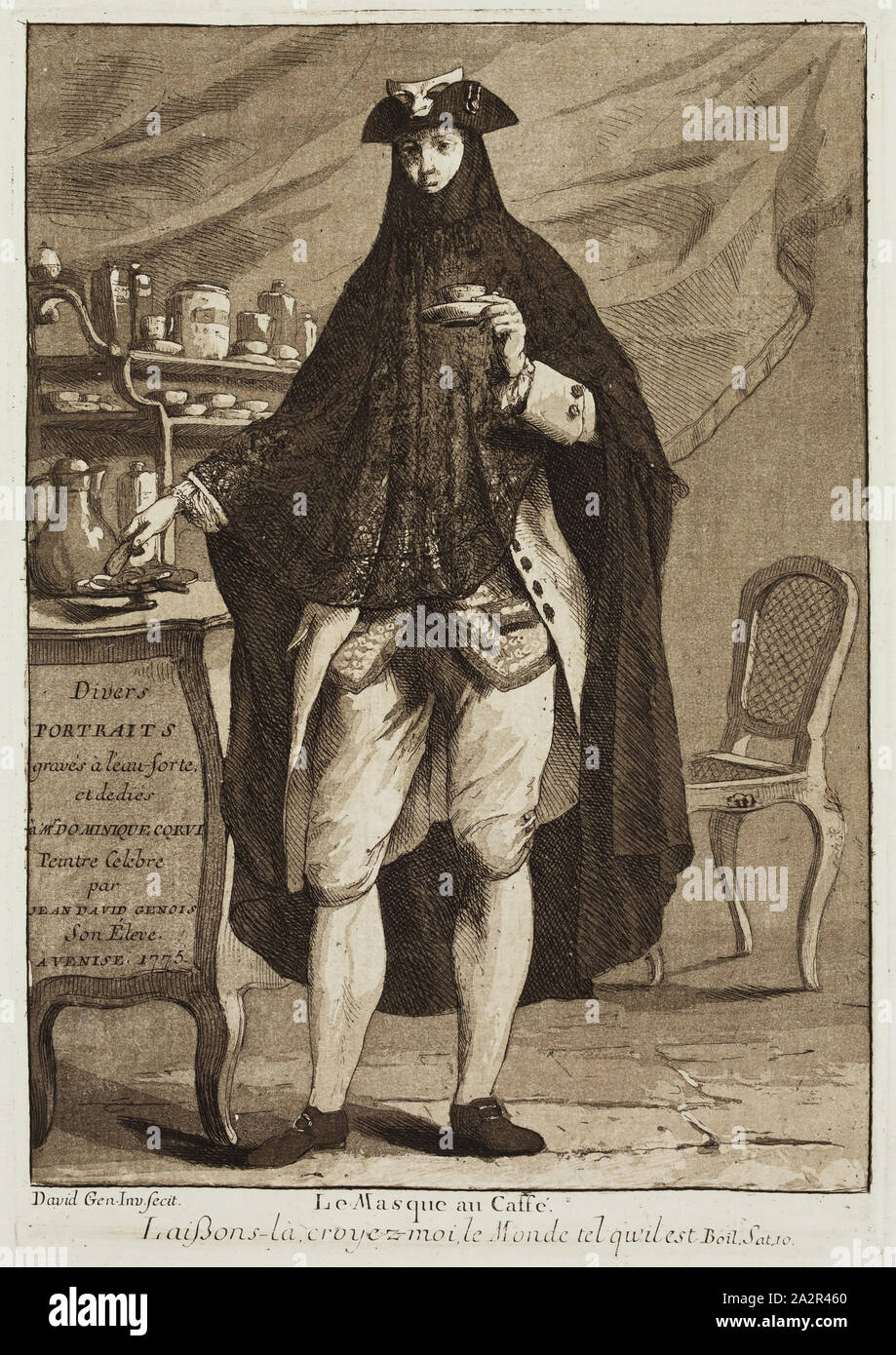 Giovanni David, Italian, 1743-1790, A Masquerader at a Coffee Shop, 1775, etching and aquatint printed in brown ink on laid paper, Plate: 9 3/8 × 6 1/2 inches (23.8 × 16.5 cm Stock Photo