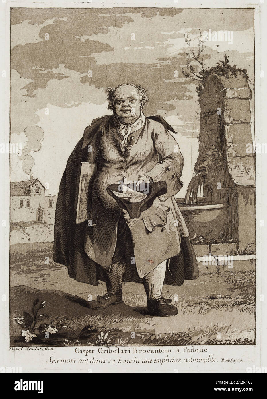 Giovanni David, Italian, 1743-1790, Gaspar Gribolari, Secondhand Dealer at Padua, 1775, etching and aquatint printed in brown ink on laid paper, Plate: 9 3/8 × 6 5/8 inches (23.8 × 16.8 cm Stock Photo