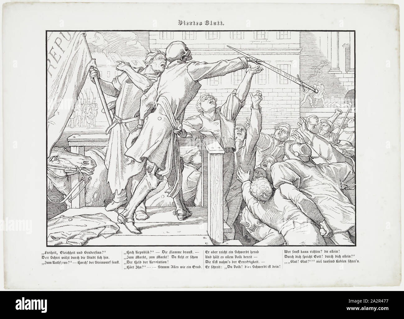 Alfred Rethel, German, 1816-1859, Death as Demagogue, 1848, woodcut printed in black ink on wove paper, Image (excluding letters): 8 3/4 × 12 5/8 inches (22.2 × 32.1 cm Stock Photo