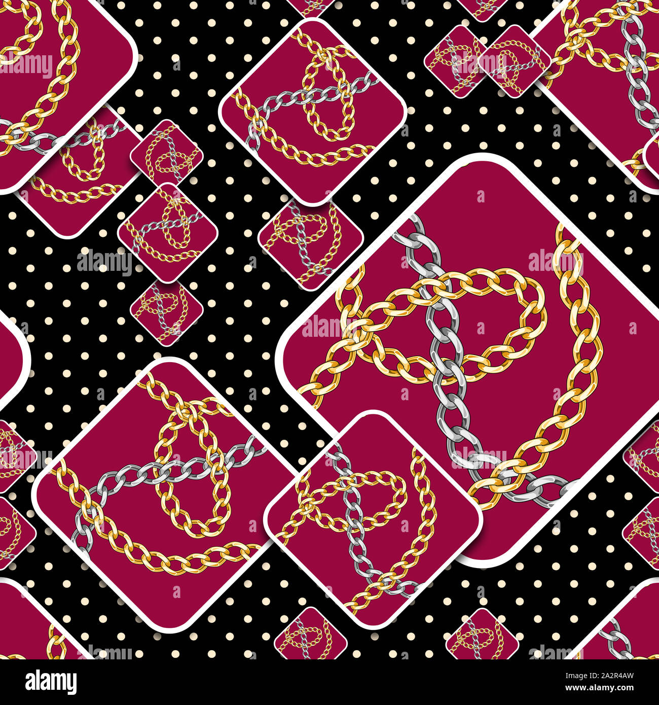 Seamless patchwork square chains pattern with dots on black