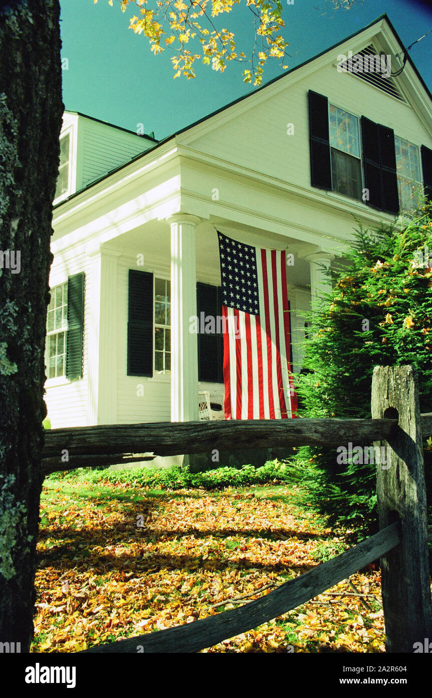 U.S. flag on front porch - Woodstock, Vermont Stock Photo