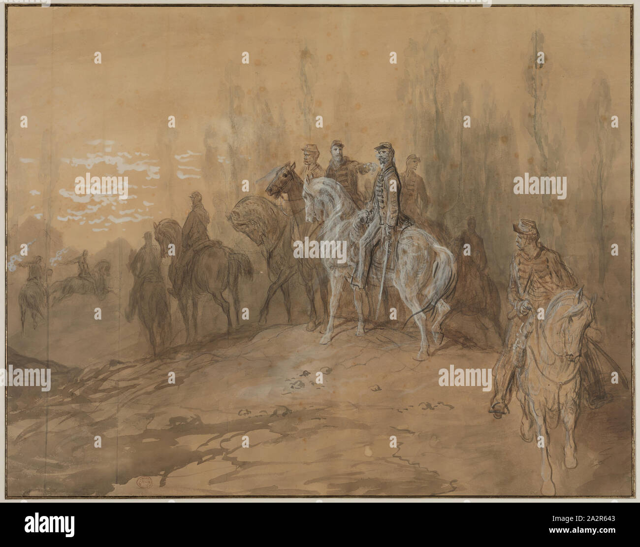 Gustave Doré, French, 1832-1883, Episode in the Franco-Prussian War, Brush and black and brown ink with white over black crayon and graphite on brown wove paper, Sheet: 23 3/4 x 30 in. (58.7 x 75.2 cm Stock Photo