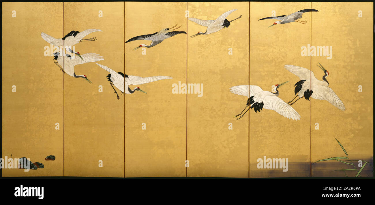 Suzuki Kiitsu, Japanese, 1796-1858, Reeds and Cranes, 19th century, color  paint on gilded silk, Overall (fully open): 69 78 × 145 14 inches (177.5  cm × 3 m 68.9 cm Stock Photo - Alamy
