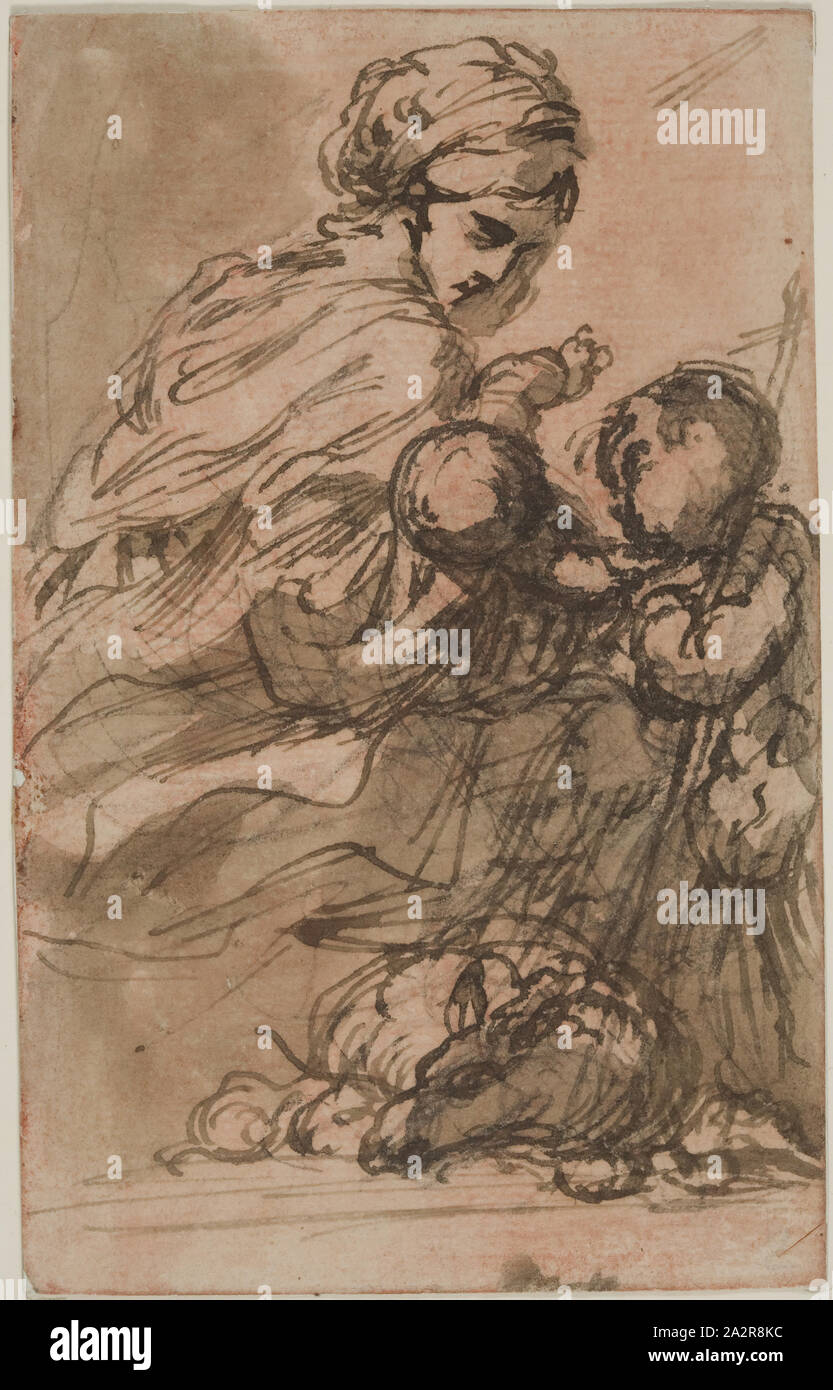 Carlo Alberto Baratta, Italian, 1754-1815, Madonna and Child with the Infant Saint John, between 1754 and 1815, pen and brown ink with brown wash over black chalk on buff laid paper washed with red chalk, Sheet: 5 11/16 × 3 1/2 inches (14.4 × 8.9 cm Stock Photo