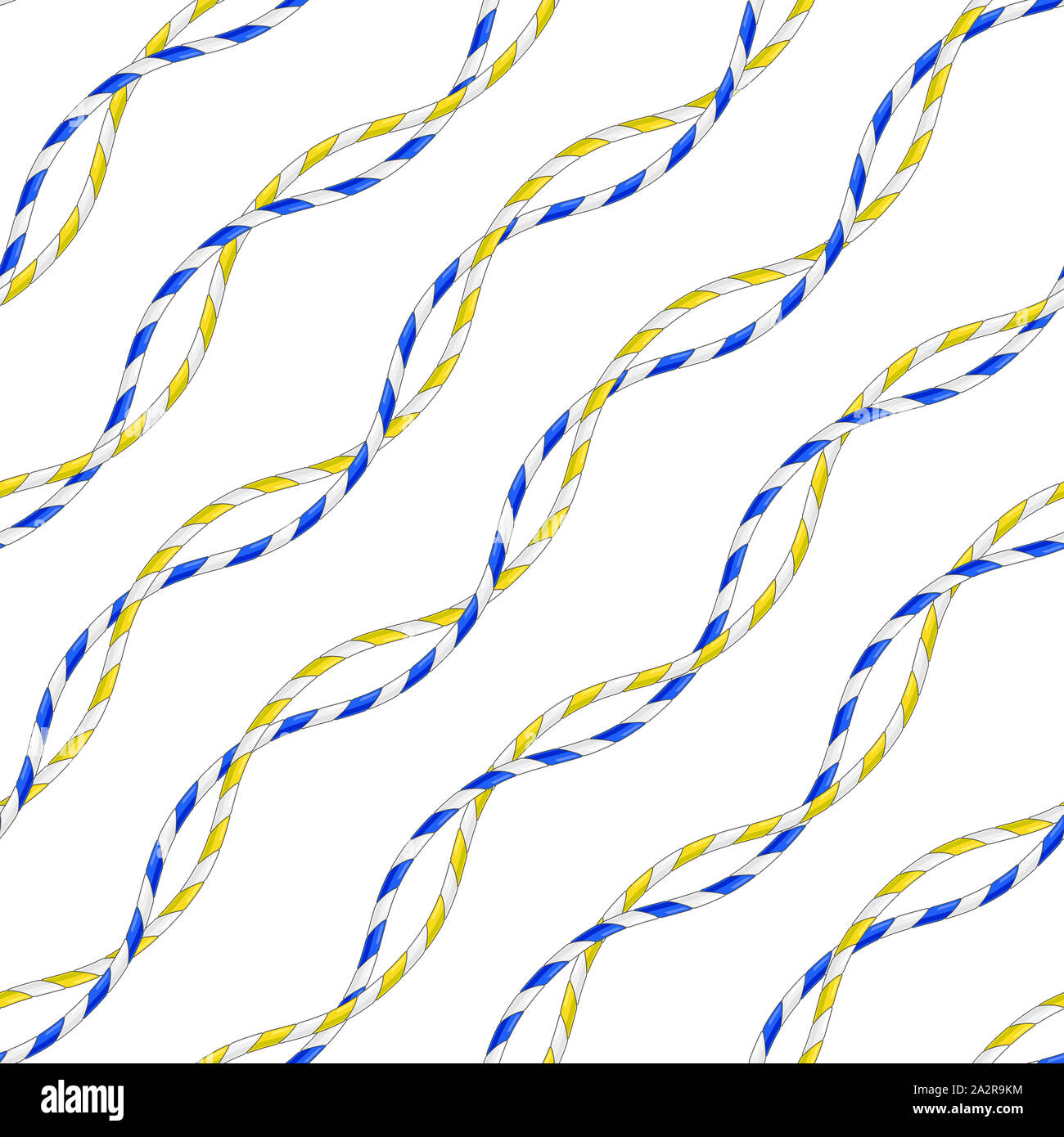 Seamless Colorful Rope Pattern. Repeat Design. Curved Waves, Ropes, DNA. Blue and Yellow. Design for Decor, Fabric, Prints, Textile. on White Backgrou Stock Photo