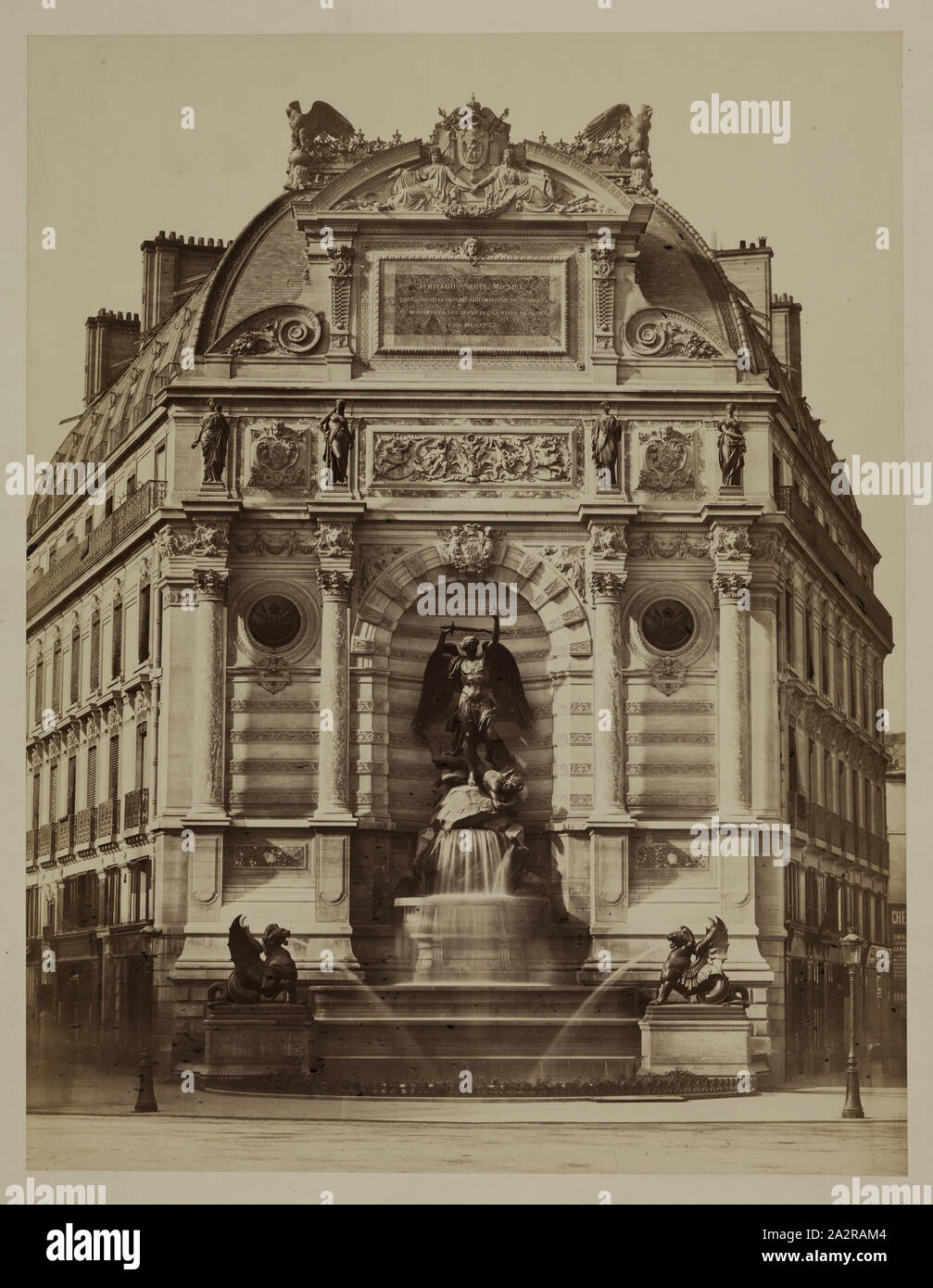 Édouard Baldus, French, 1813-1889, Fountain of St. Michael, Paris, between 1860 and 1870, albumen print from collodion on glass negative, Image: 10 1/2 × 8 3/8 inches (26.7 × 21.3 cm Stock Photo